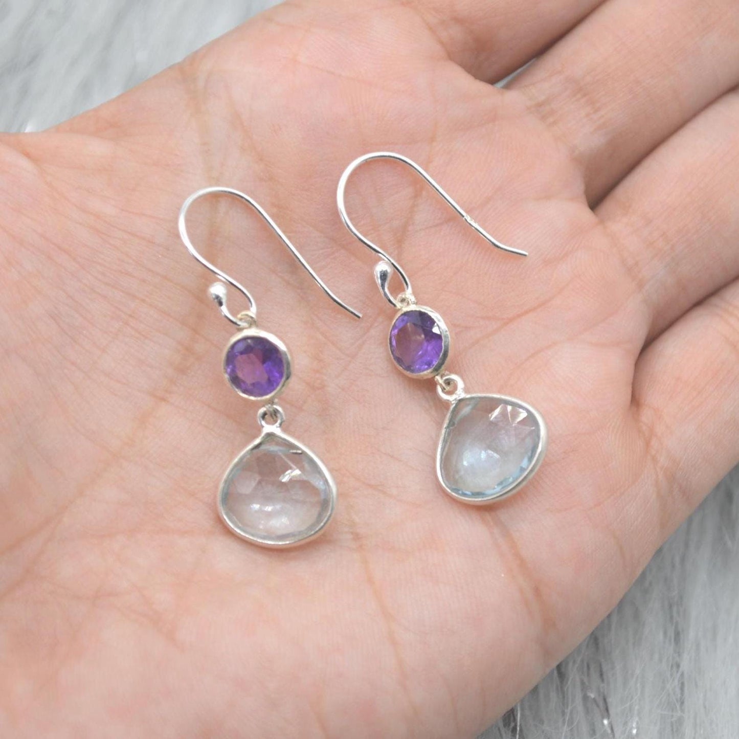 Amethyst Blue Topaz Silver Earrings: Dangle Drop, Blue Purple Gemstone Jewelry, February December Birthstone
