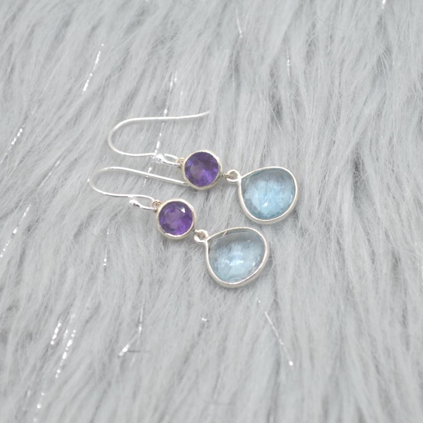 Amethyst Blue Topaz Silver Earrings: Dangle Drop, Blue Purple Gemstone Jewelry, February December Birthstone