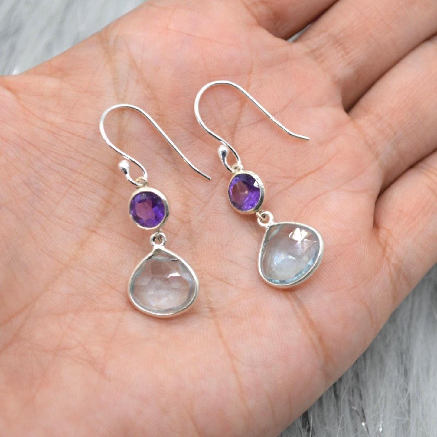 Amethyst Blue Topaz Silver Earrings: Dangle Drop, Blue Purple Gemstone Jewelry, February December Birthstone