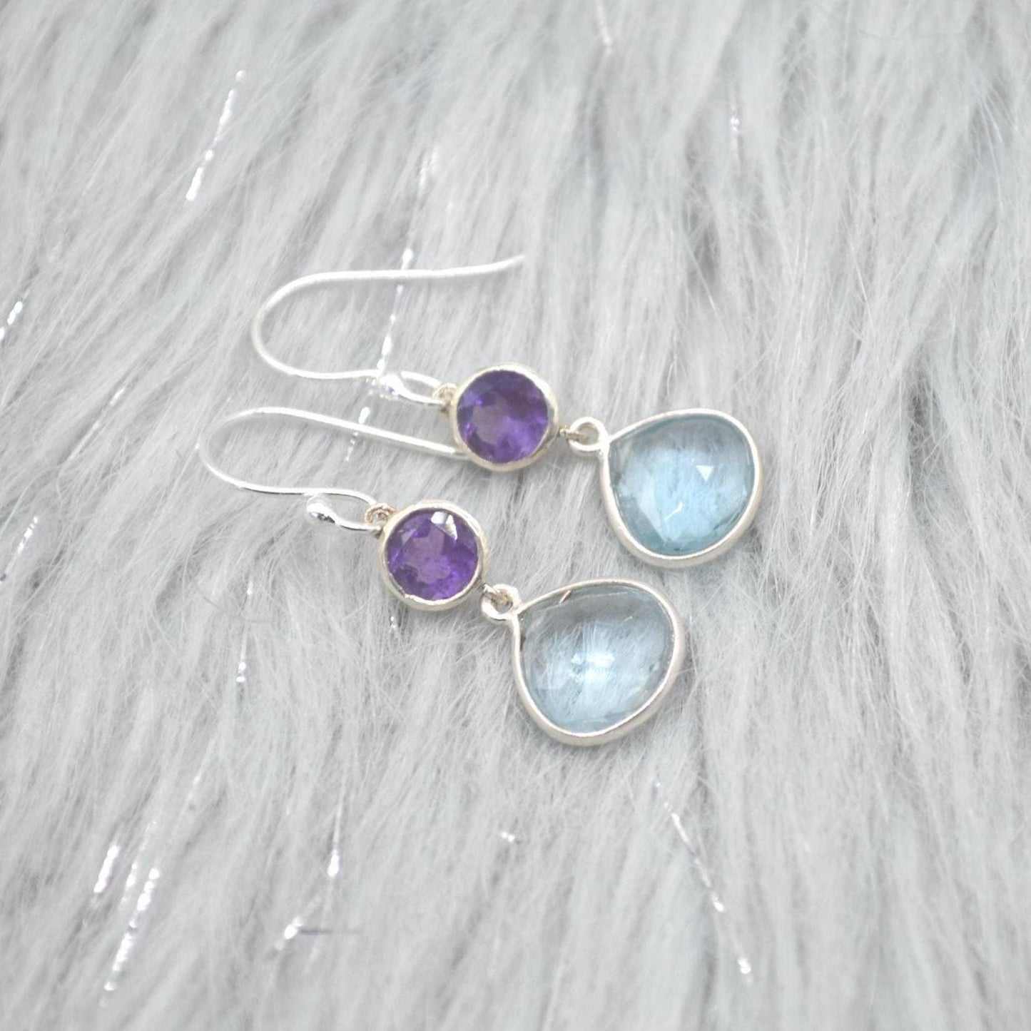 Amethyst Blue Topaz Silver Earrings: Dangle Drop, Blue Purple Gemstone Jewelry, February December Birthstone