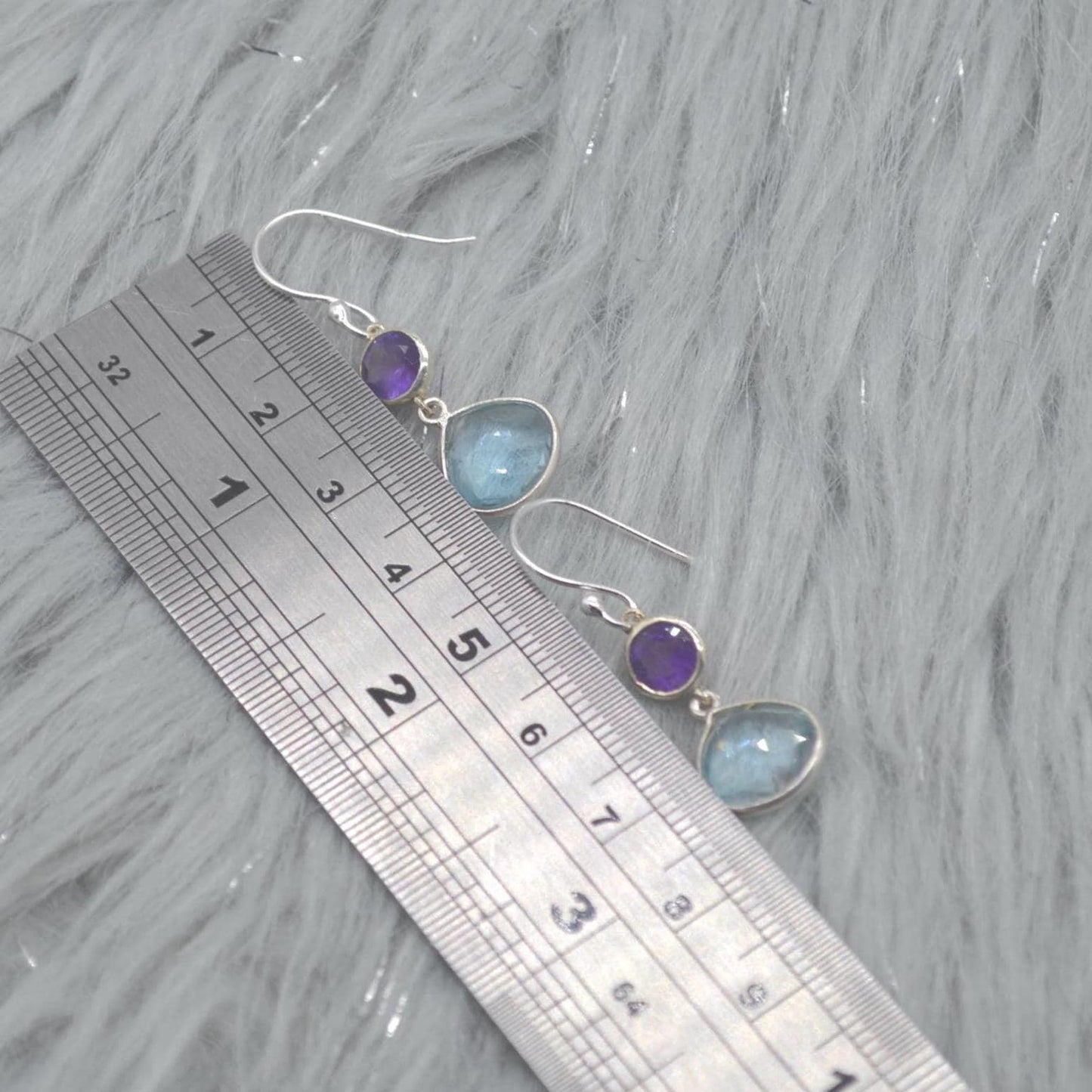 Amethyst Blue Topaz Silver Earrings: Dangle Drop, Blue Purple Gemstone Jewelry, February December Birthstone