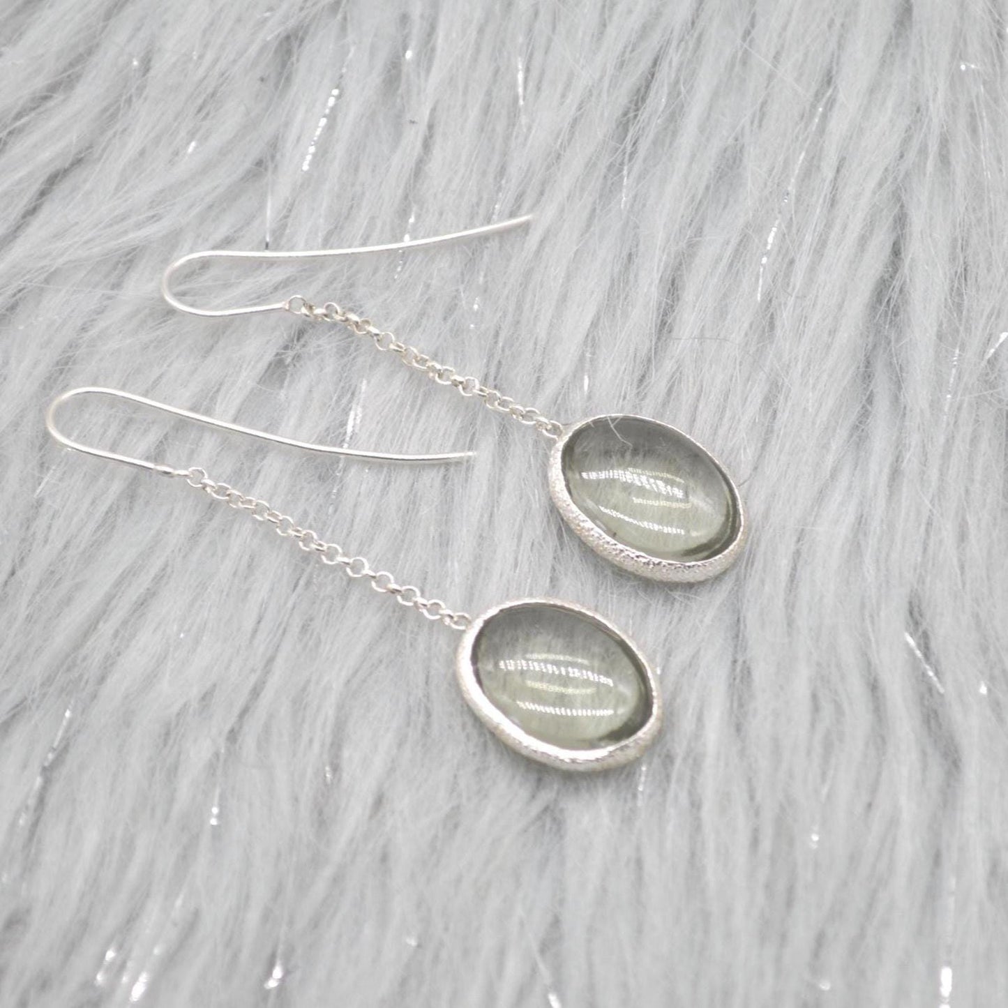 Green Amethyst Sterling Silver Earrings: February Birthstone Jewelry, Oval Gemstone Dangle Drop Earrings