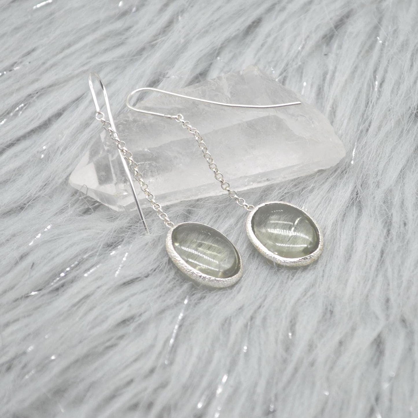 Green Amethyst Sterling Silver Earrings: February Birthstone Jewelry, Oval Gemstone Dangle Drop Earrings