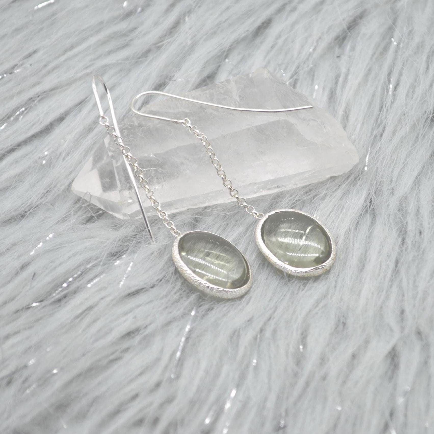 Green Amethyst Sterling Silver Earrings: February Birthstone Jewelry, Oval Gemstone Dangle Drop Earrings
