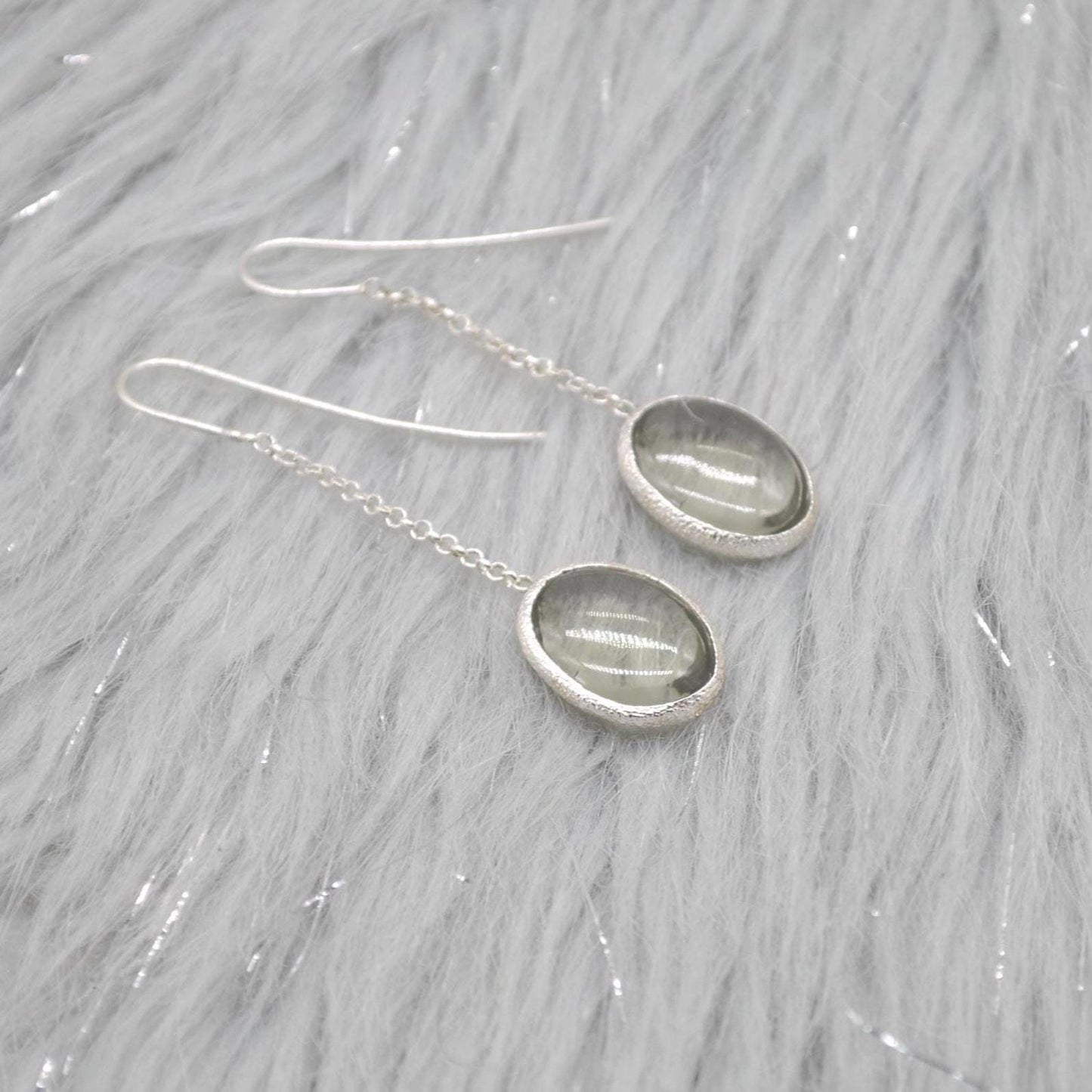 Green Amethyst Sterling Silver Earrings: February Birthstone Jewelry, Oval Gemstone Dangle Drop Earrings