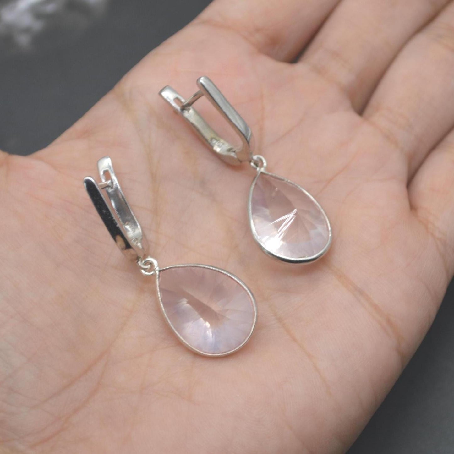 Rose Quartz Silver Teardrop Earrings: Handmade Pink Gemstone Jewelry
