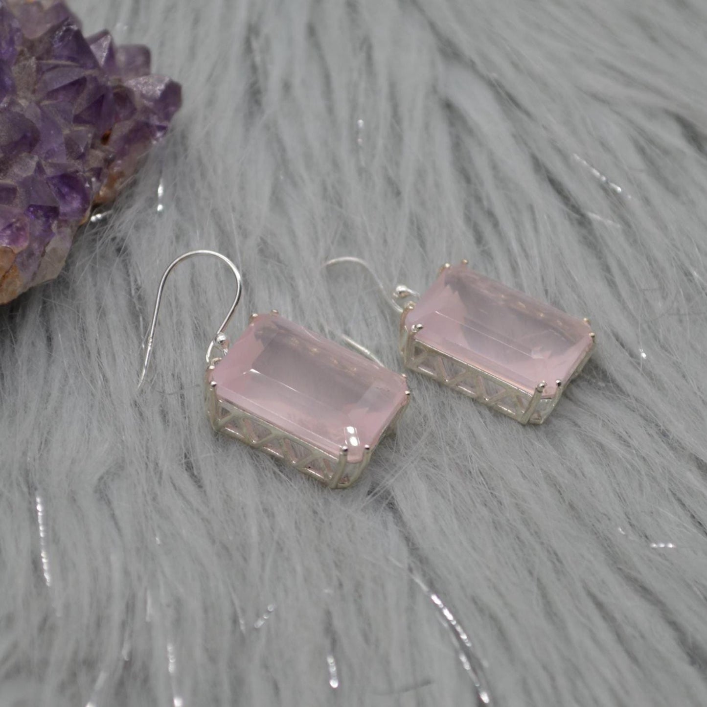 Rose Quartz Silver Earrings, Handmade Pink Gemstone Dangle Drop Jewelry