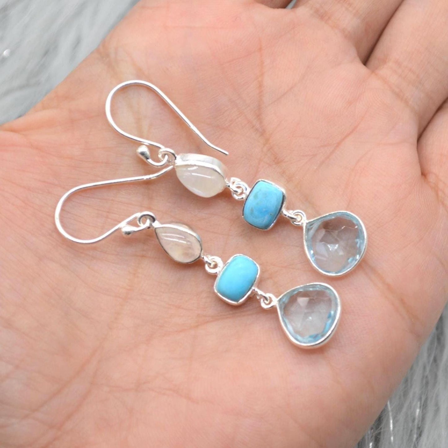 Moonstone Turquoise Blue Topaz Earrings: Sterling Silver Dangle Drop, Gemstone Jewelry, December Birthstone