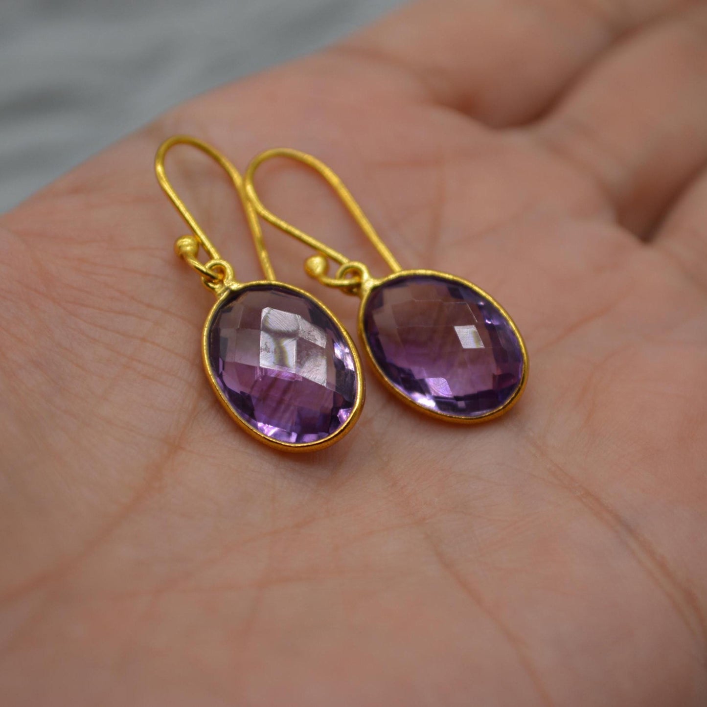 Amethyst Gold Earrings: February Birthstone, Gold Plated Sterling Silver, Purple Gemstone Jewelry