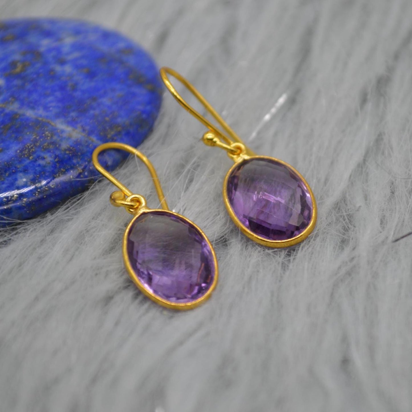 Amethyst Gold Earrings: February Birthstone, Gold Plated Sterling Silver, Purple Gemstone Jewelry