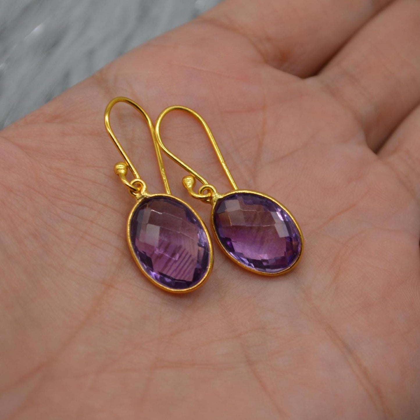 Amethyst Gold Earrings: February Birthstone, Gold Plated Sterling Silver, Purple Gemstone Jewelry