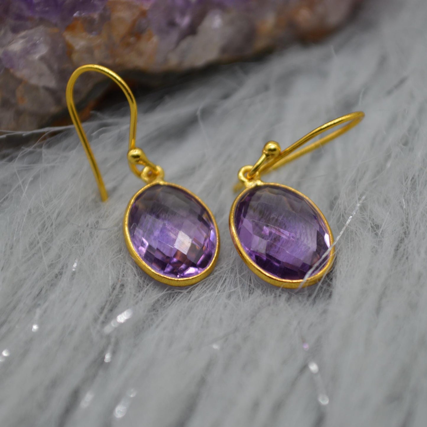 Amethyst Gold Earrings: February Birthstone, Gold Plated Sterling Silver, Purple Gemstone Jewelry