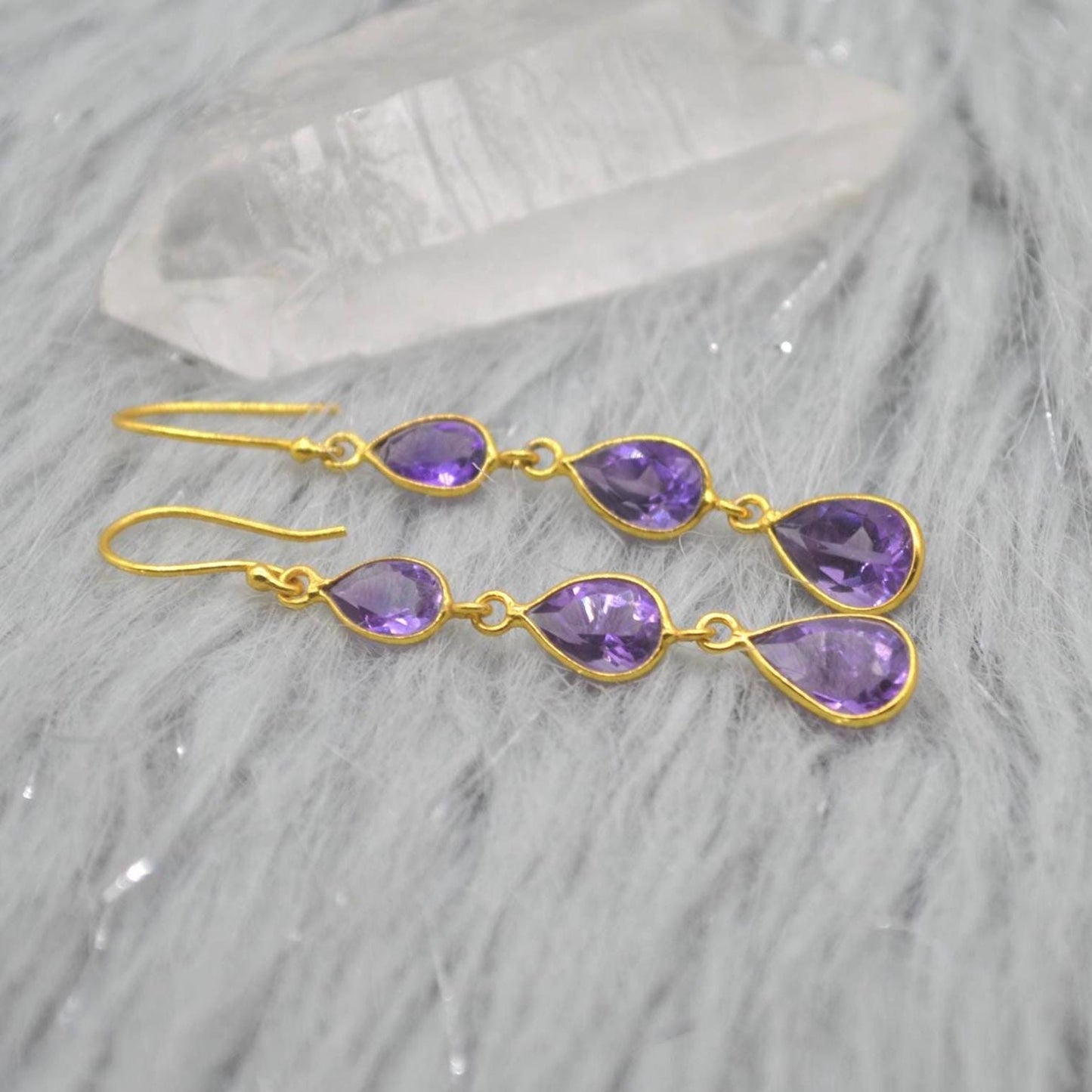 Amethyst Gold Plated Silver Drop Earrings: Purple Gemstone Teardrop, February Birthstone