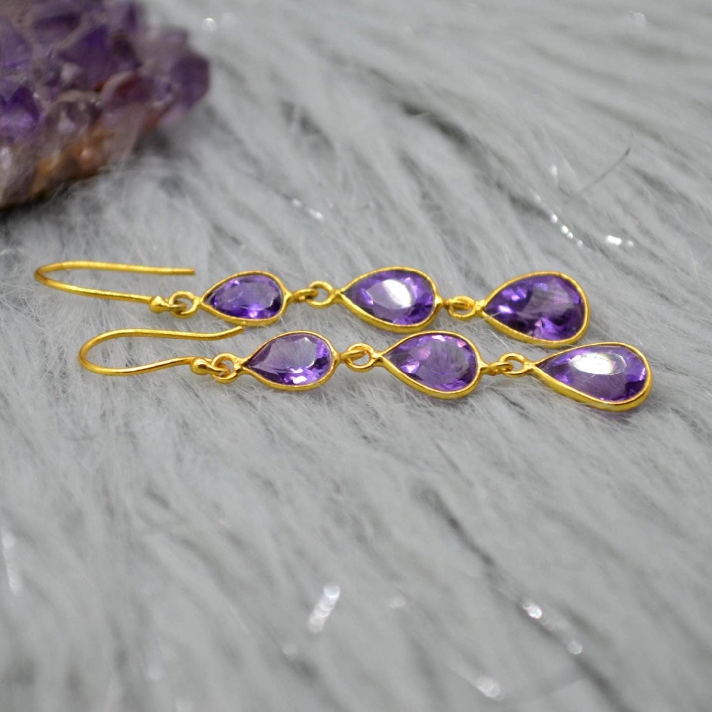 Amethyst Gold Plated Silver Drop Earrings: Purple Gemstone Teardrop, February Birthstone