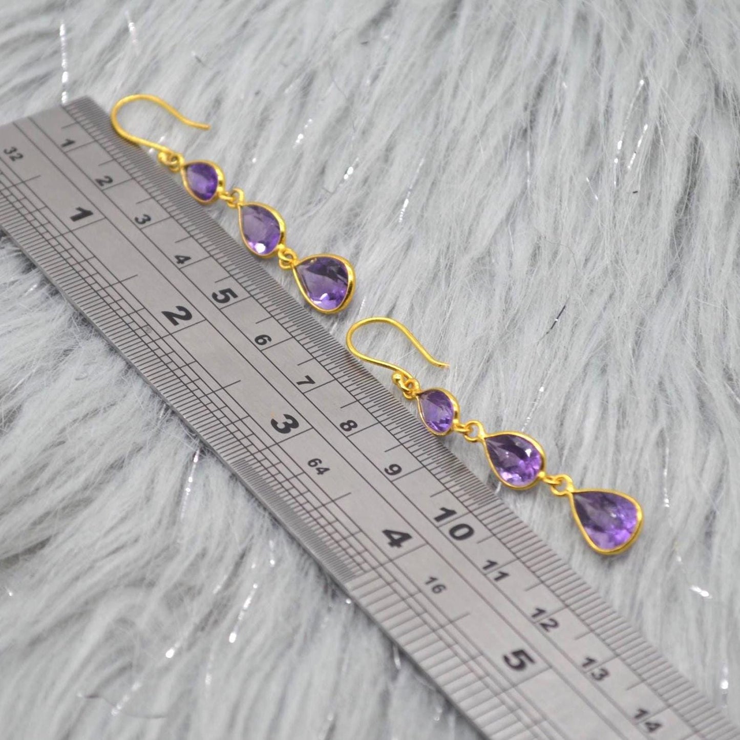 Amethyst Gold Plated Silver Drop Earrings: Purple Gemstone Teardrop, February Birthstone