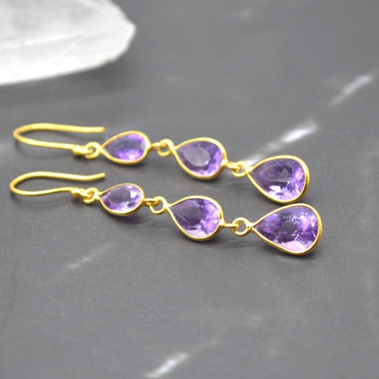 Amethyst Gold Plated Silver Drop Earrings: Purple Gemstone Teardrop, February Birthstone