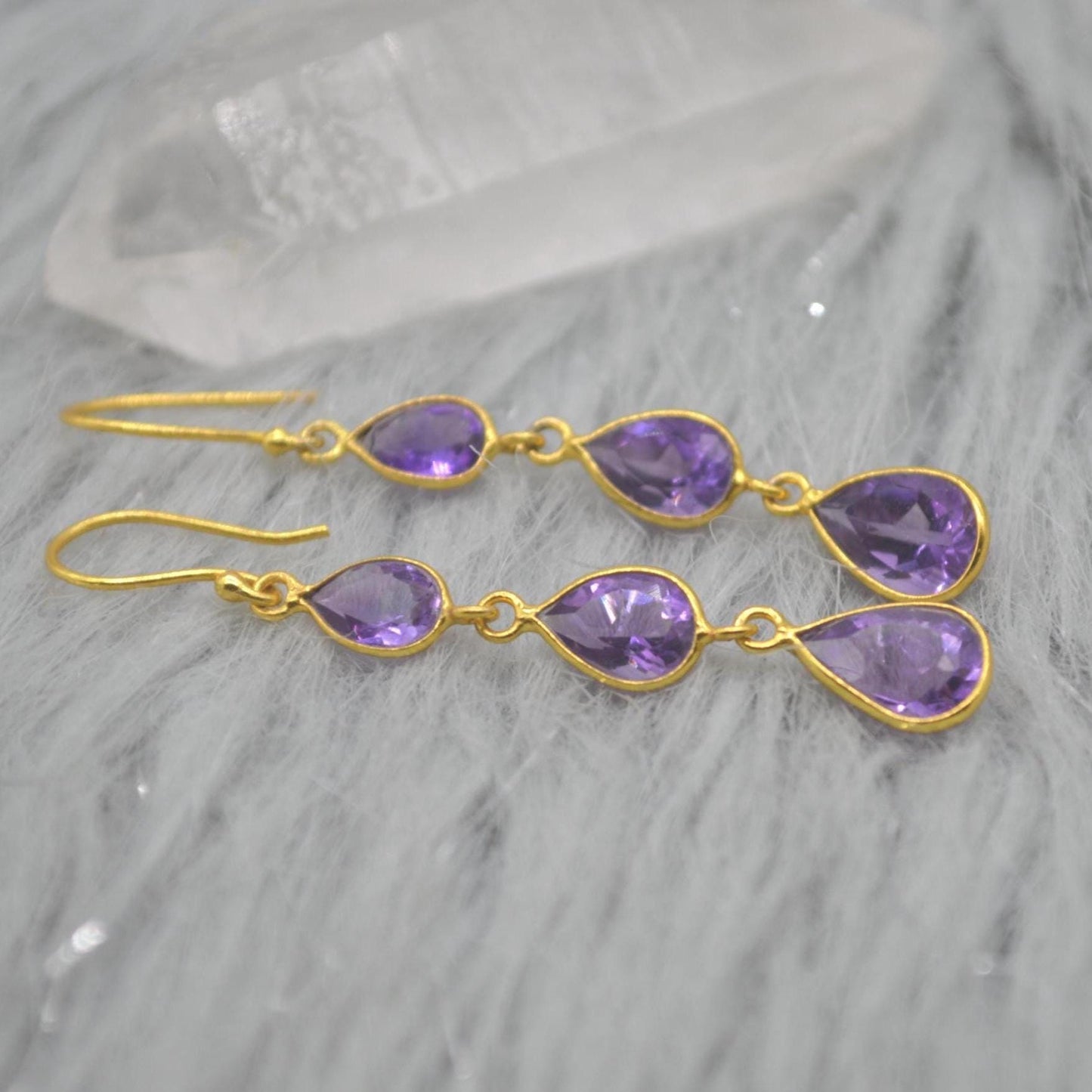 Amethyst Gold Plated Silver Drop Earrings: Purple Gemstone Teardrop, February Birthstone