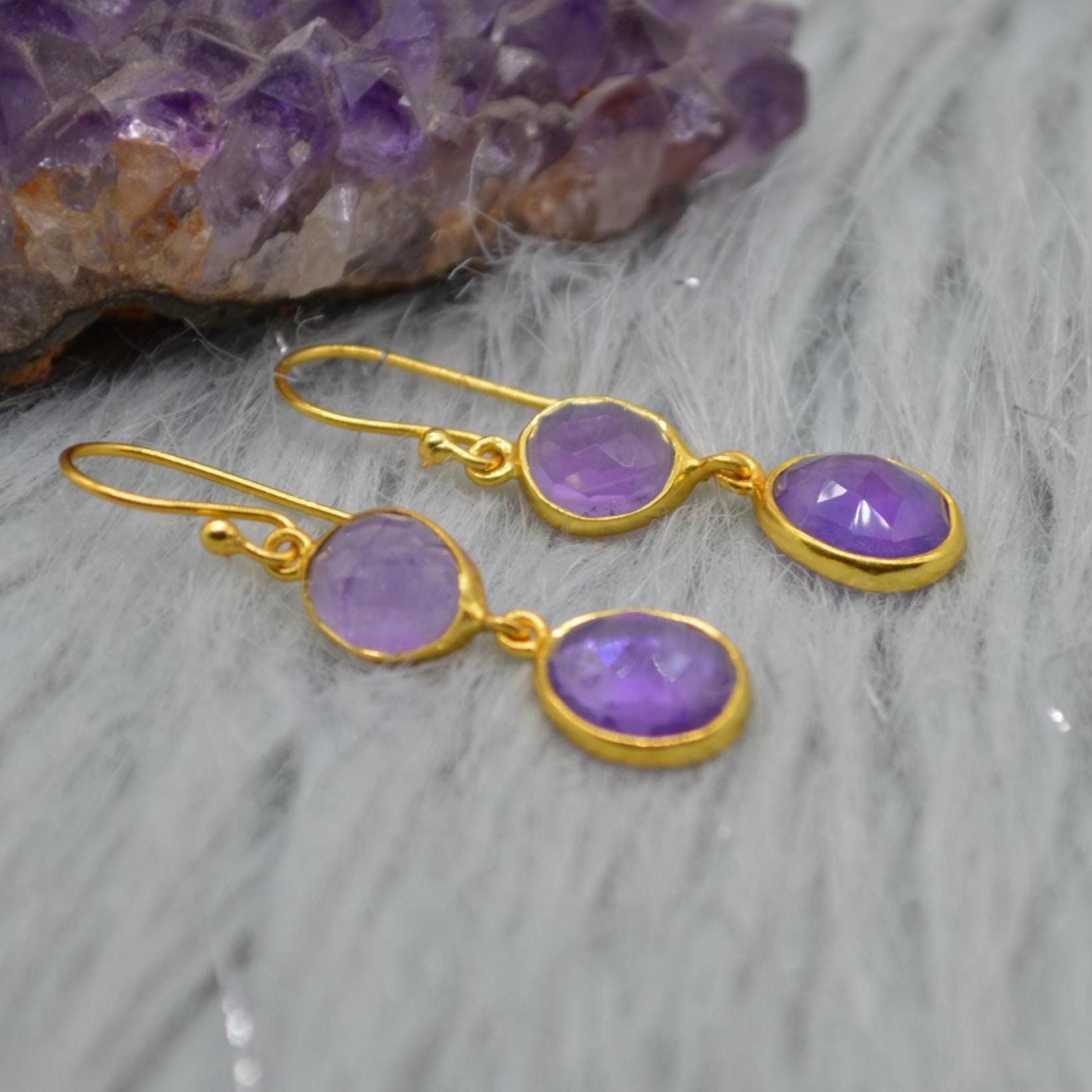 Purple Amethyst Gold Dangle Earrings: Sterling Silver, Oval Gemstone Drop, February Birthstone