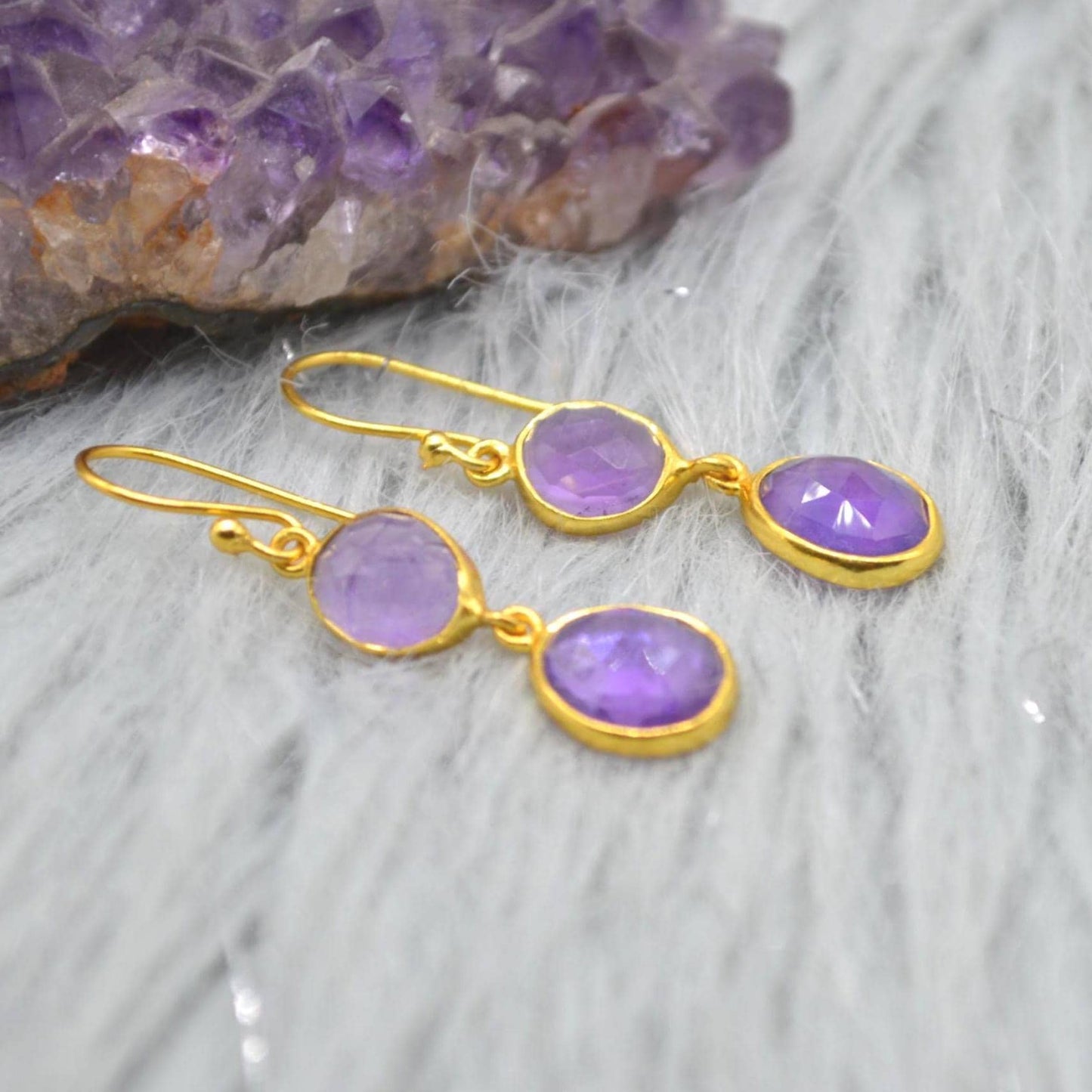 Purple Amethyst Gold Dangle Earrings: Sterling Silver, Oval Gemstone Drop, February Birthstone