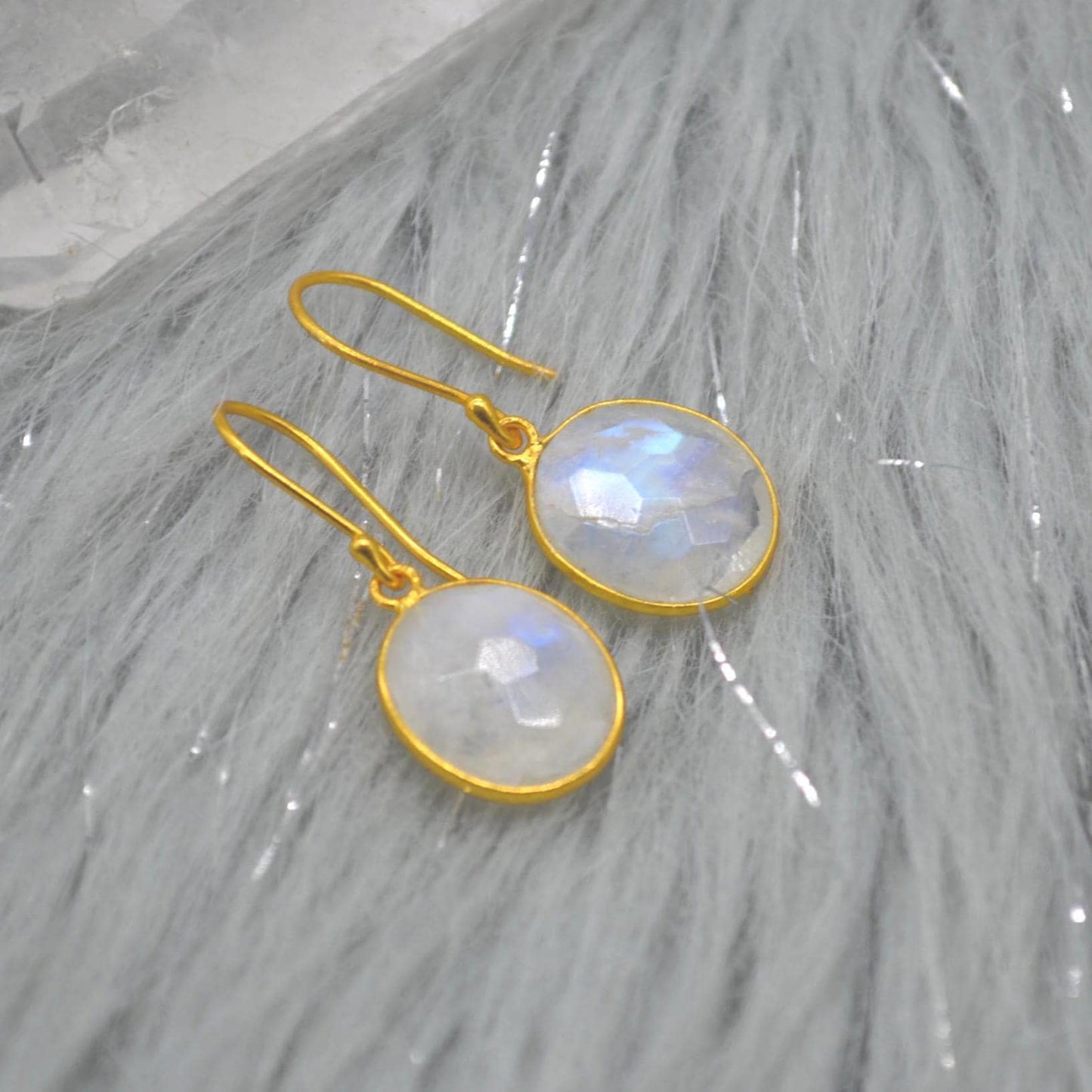 Rainbow Moonstone Gold Drop Earrings: Sterling Silver, June Birthstone, Oval Jewelry