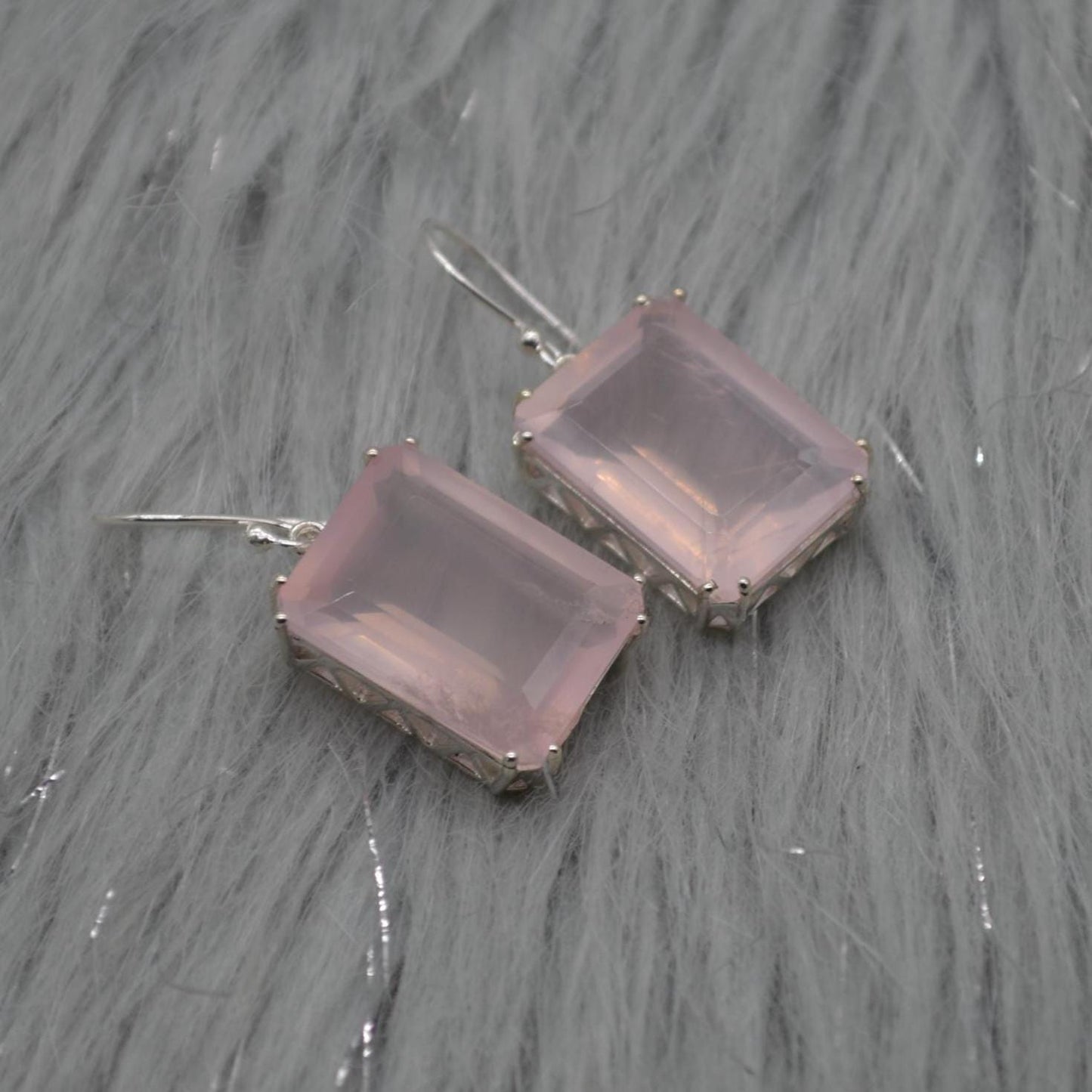 Rose Quartz Silver Earrings, Handmade Pink Gemstone Dangle Drop Jewelry
