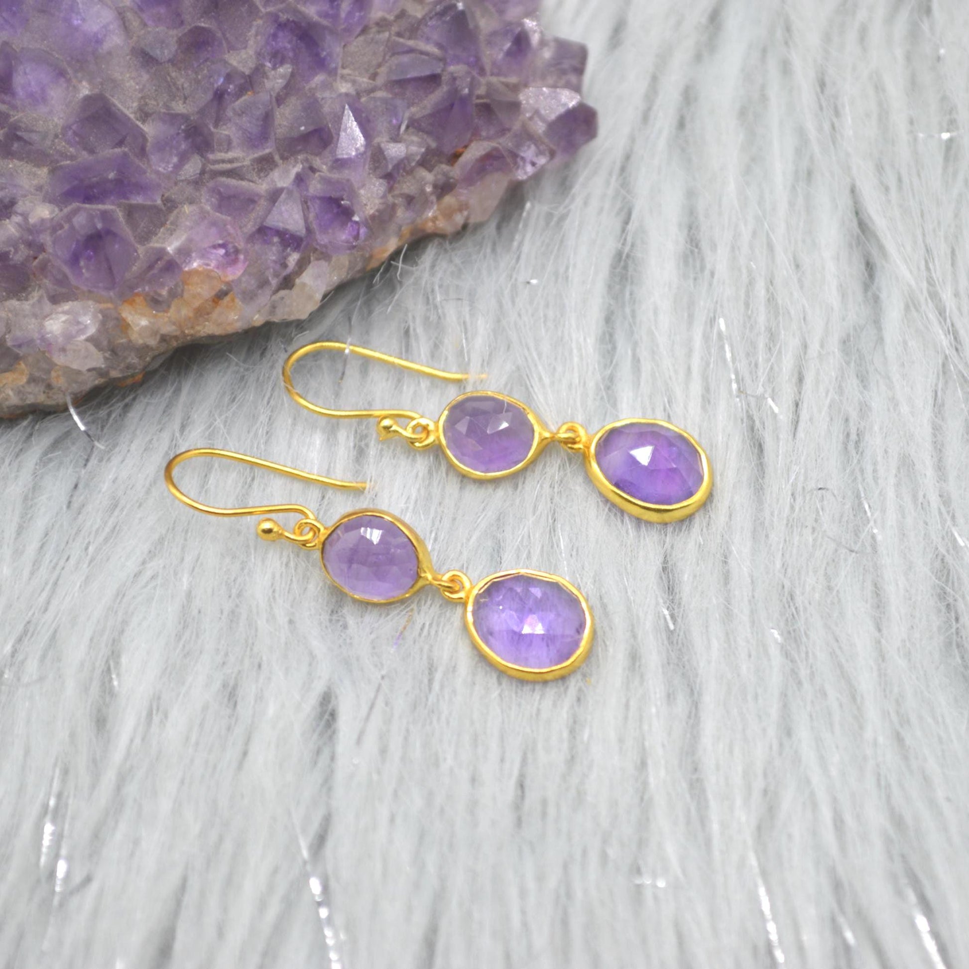 Purple Amethyst Gold Dangle Earrings: Sterling Silver, Oval Gemstone Drop, February Birthstone