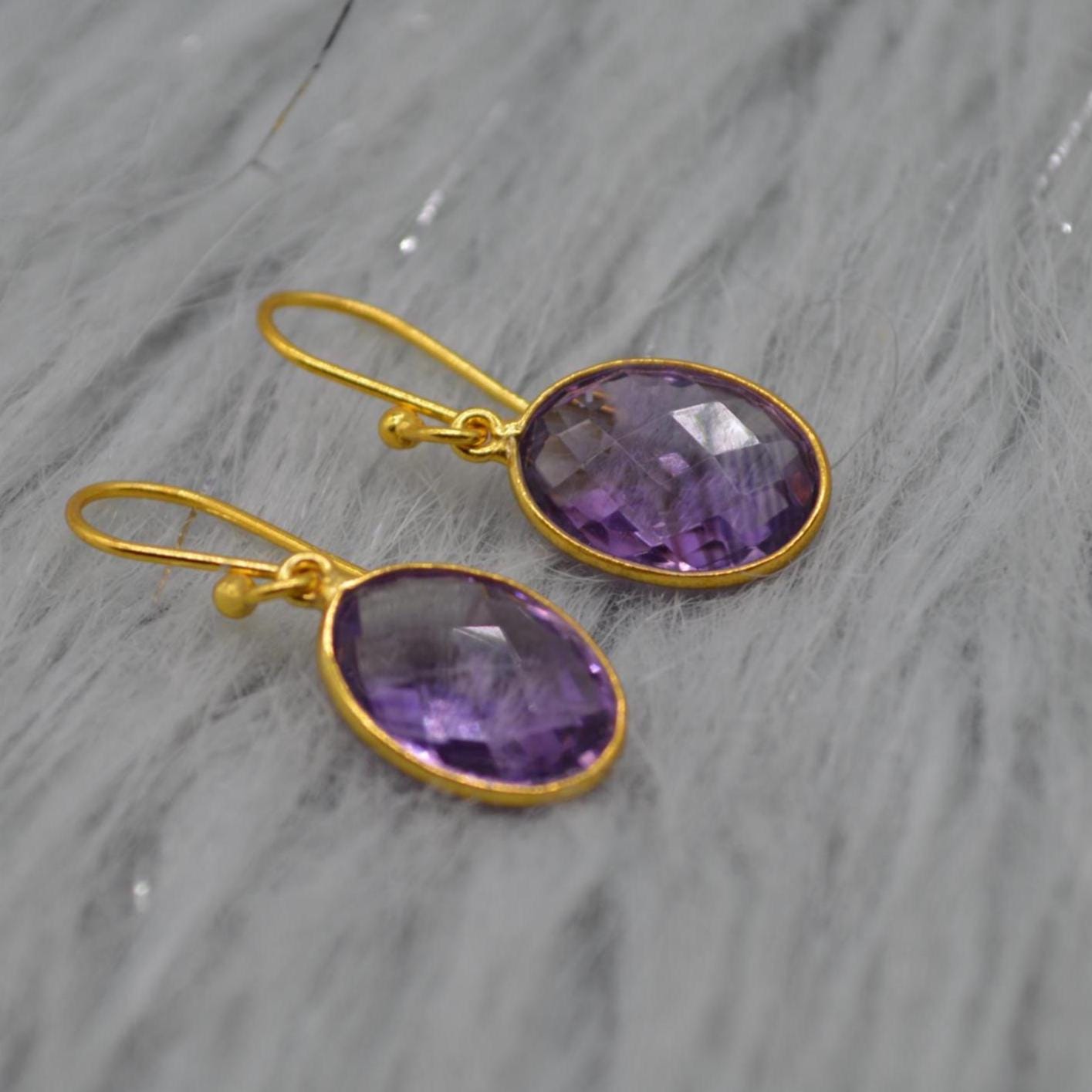 Amethyst Gold Earrings: February Birthstone, Gold Plated Sterling Silver, Purple Gemstone Jewelry