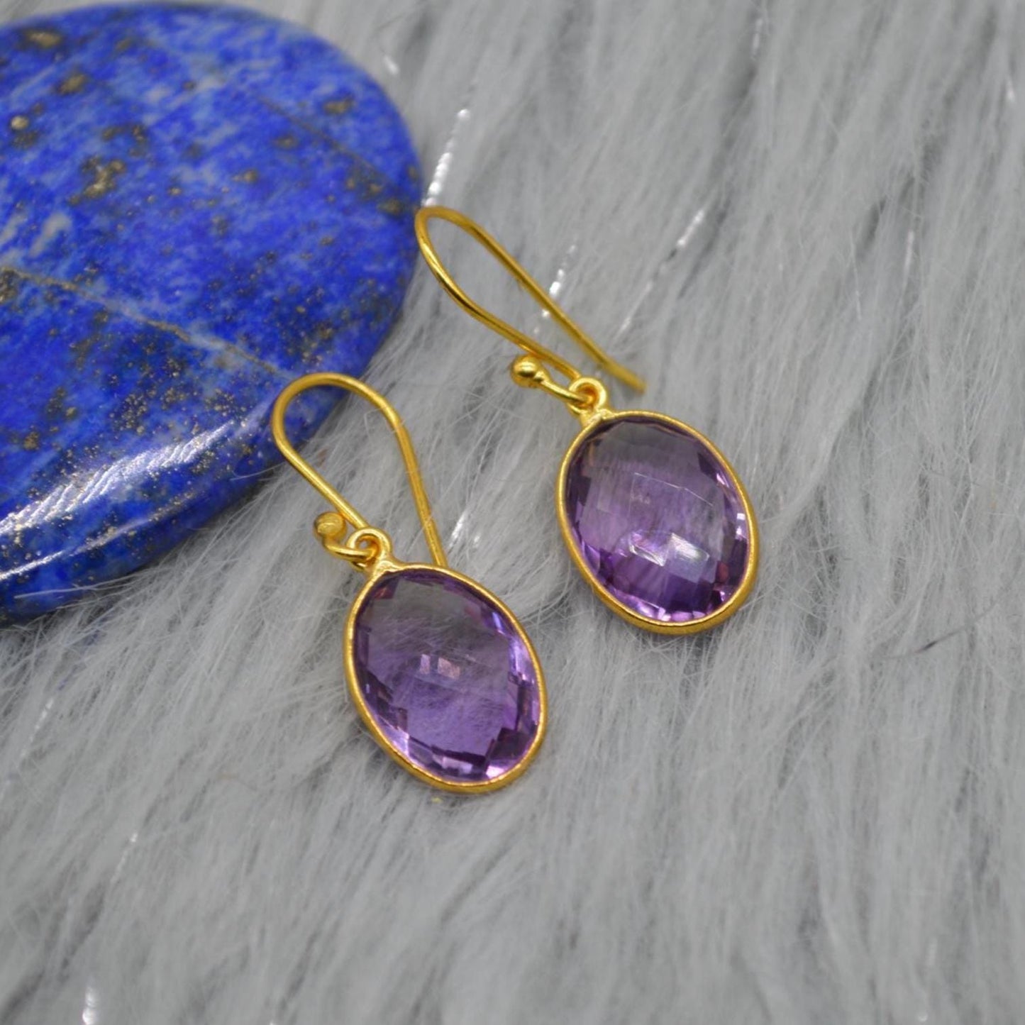 Amethyst Gold Earrings: February Birthstone, Gold Plated Sterling Silver, Purple Gemstone Jewelry