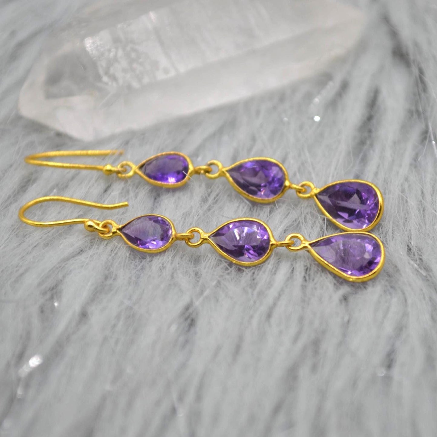 Amethyst Gold Plated Silver Drop Earrings: Purple Gemstone Teardrop, February Birthstone
