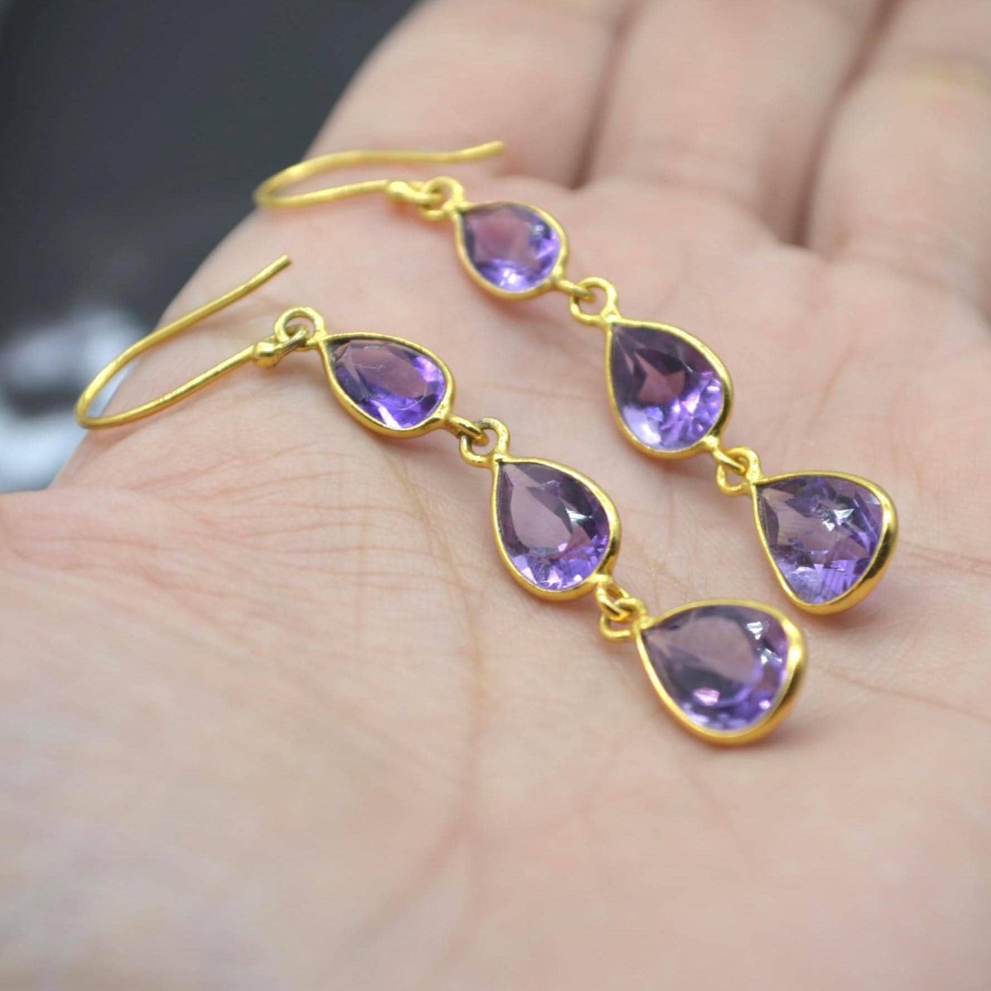 Amethyst Gold Plated Silver Drop Earrings: Purple Gemstone Teardrop, February Birthstone