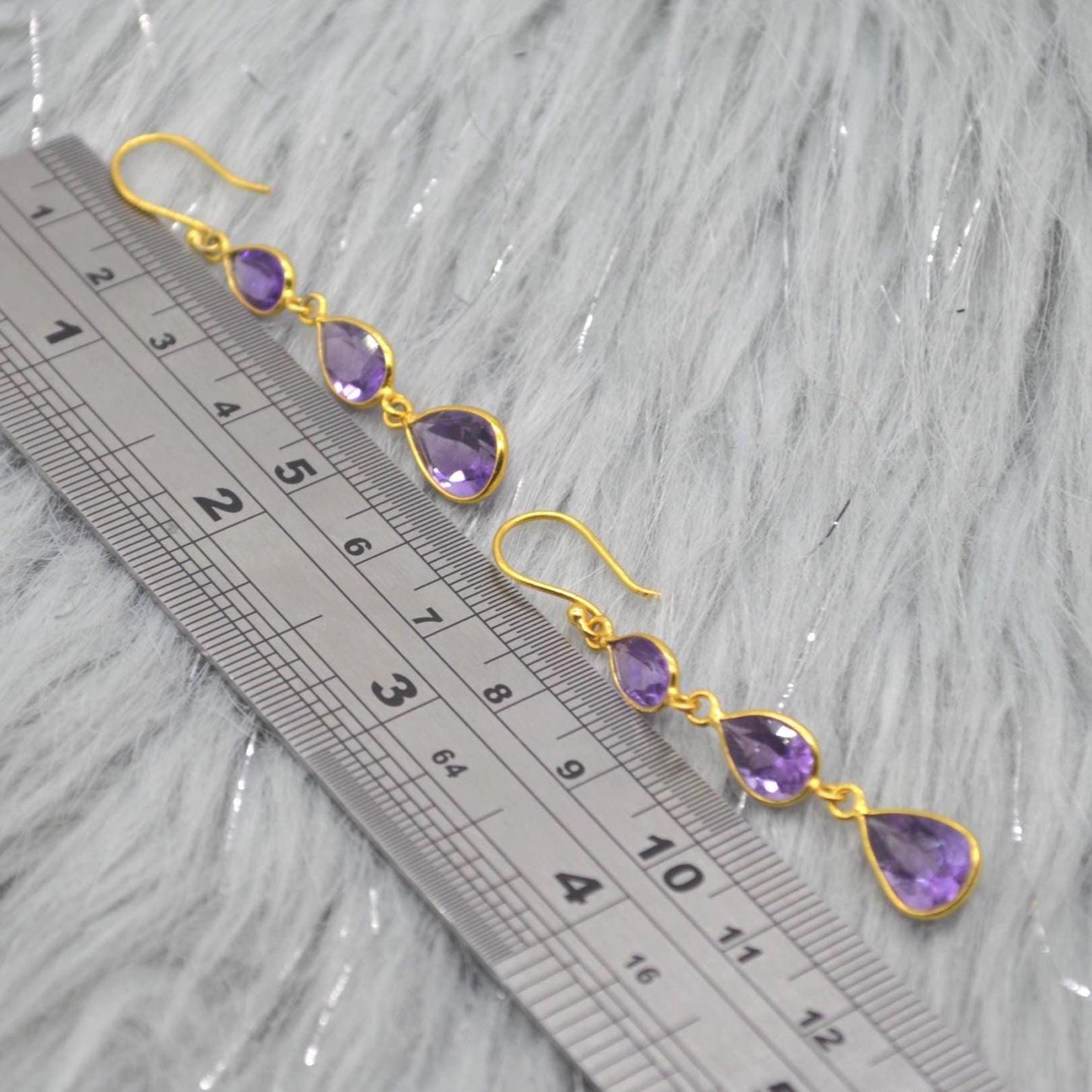 Amethyst Gold Plated Silver Drop Earrings: Purple Gemstone Teardrop, February Birthstone