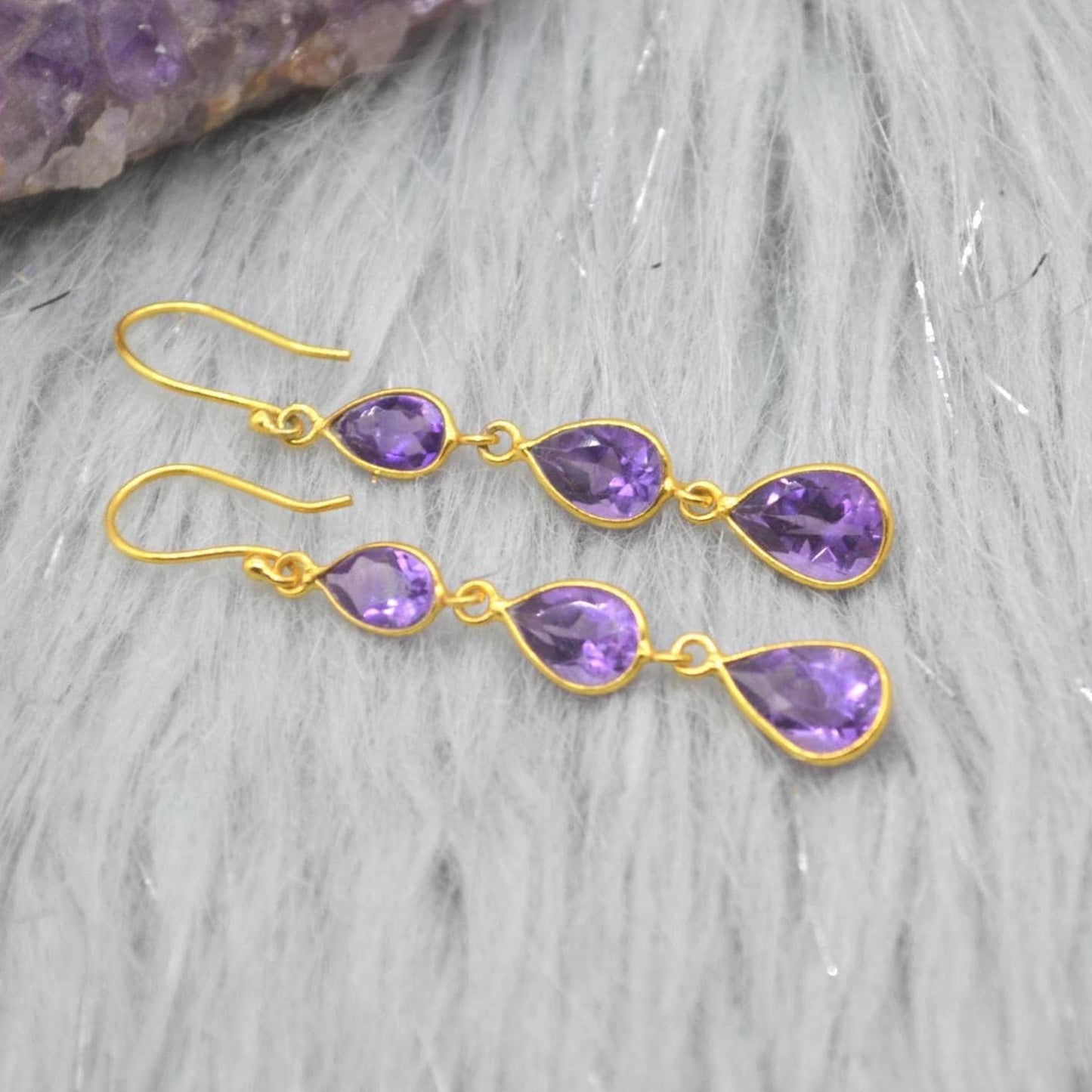 Amethyst Gold Plated Silver Drop Earrings: Purple Gemstone Teardrop, February Birthstone