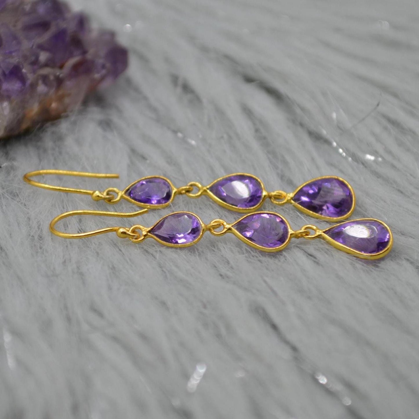 Amethyst Gold Plated Silver Drop Earrings: Purple Gemstone Teardrop, February Birthstone