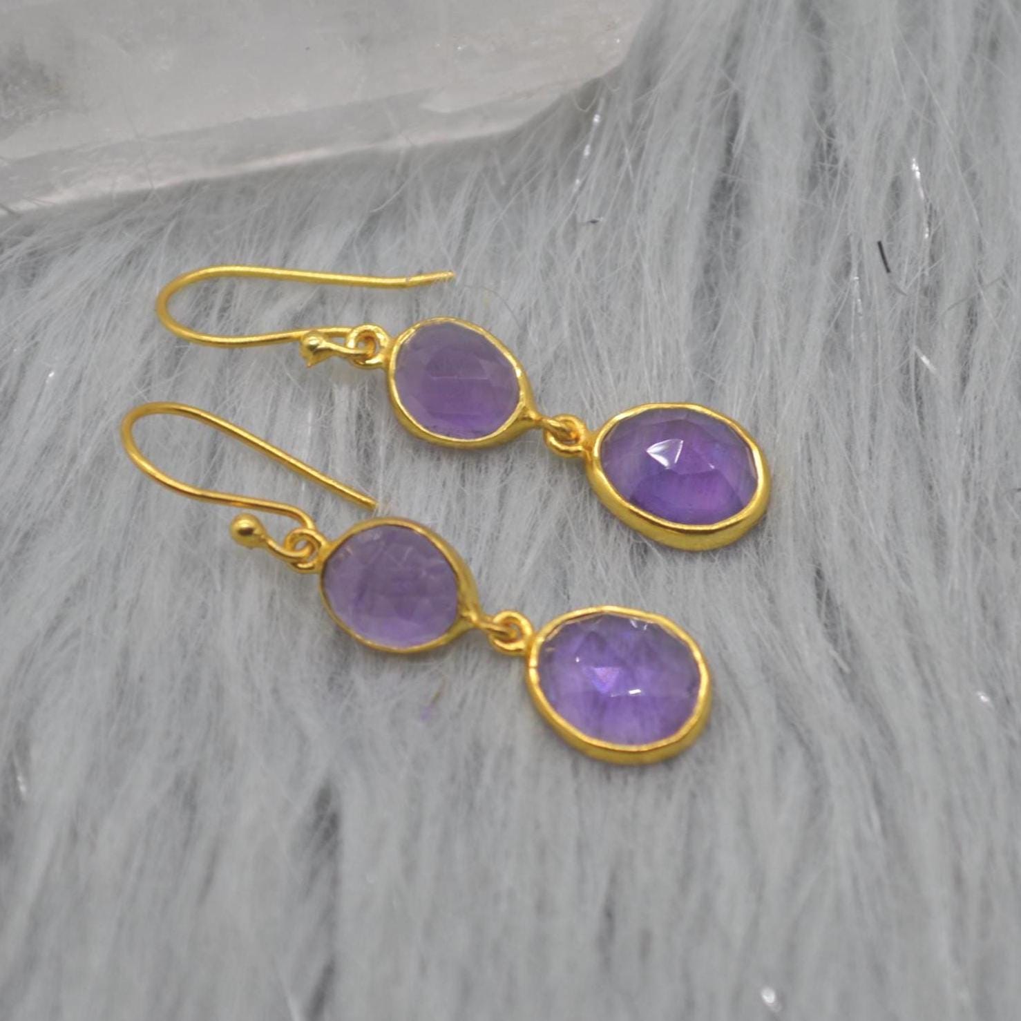 Purple Amethyst Gold Dangle Earrings: Sterling Silver, Oval Gemstone Drop, February Birthstone