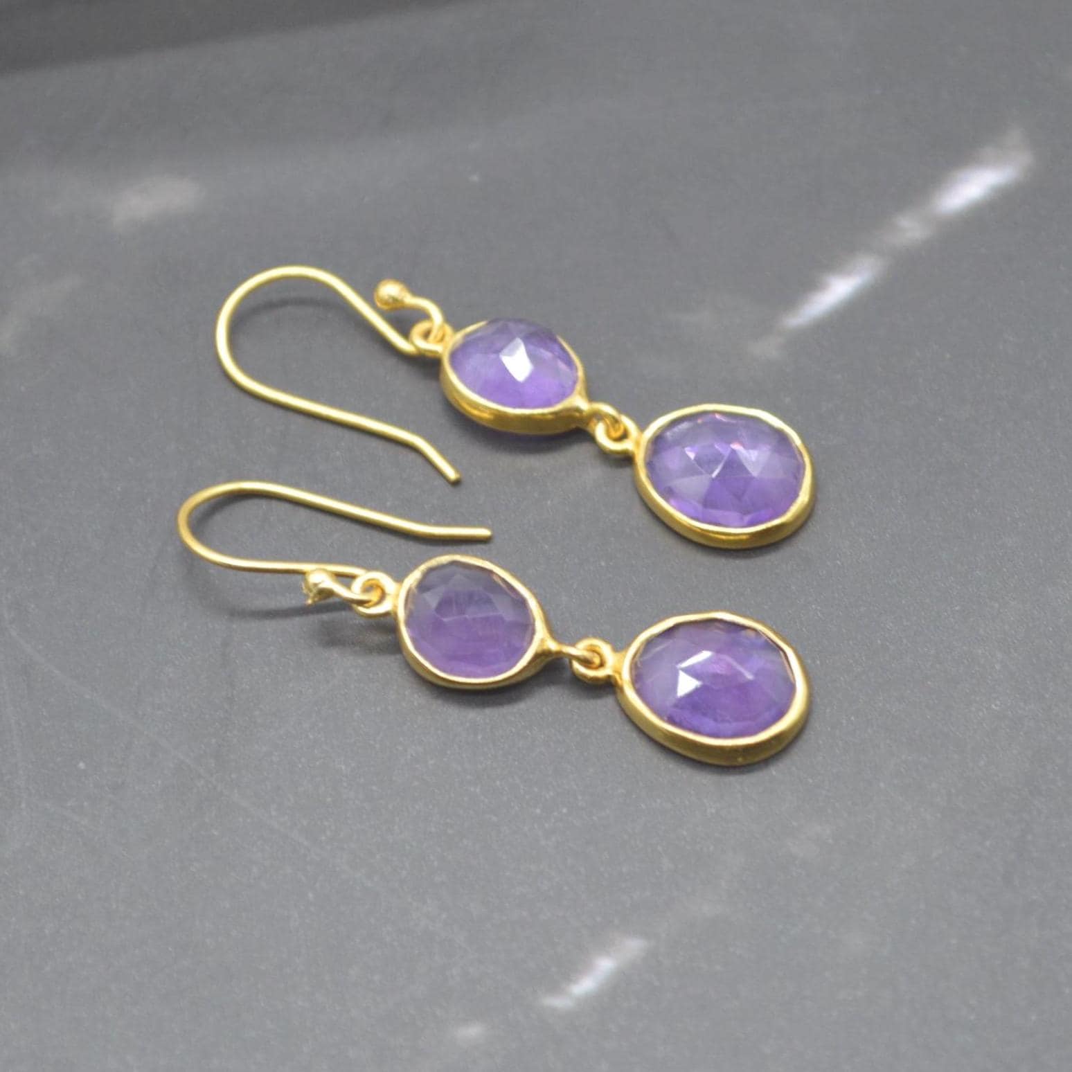 Purple Amethyst Gold Dangle Earrings: Sterling Silver, Oval Gemstone Drop, February Birthstone
