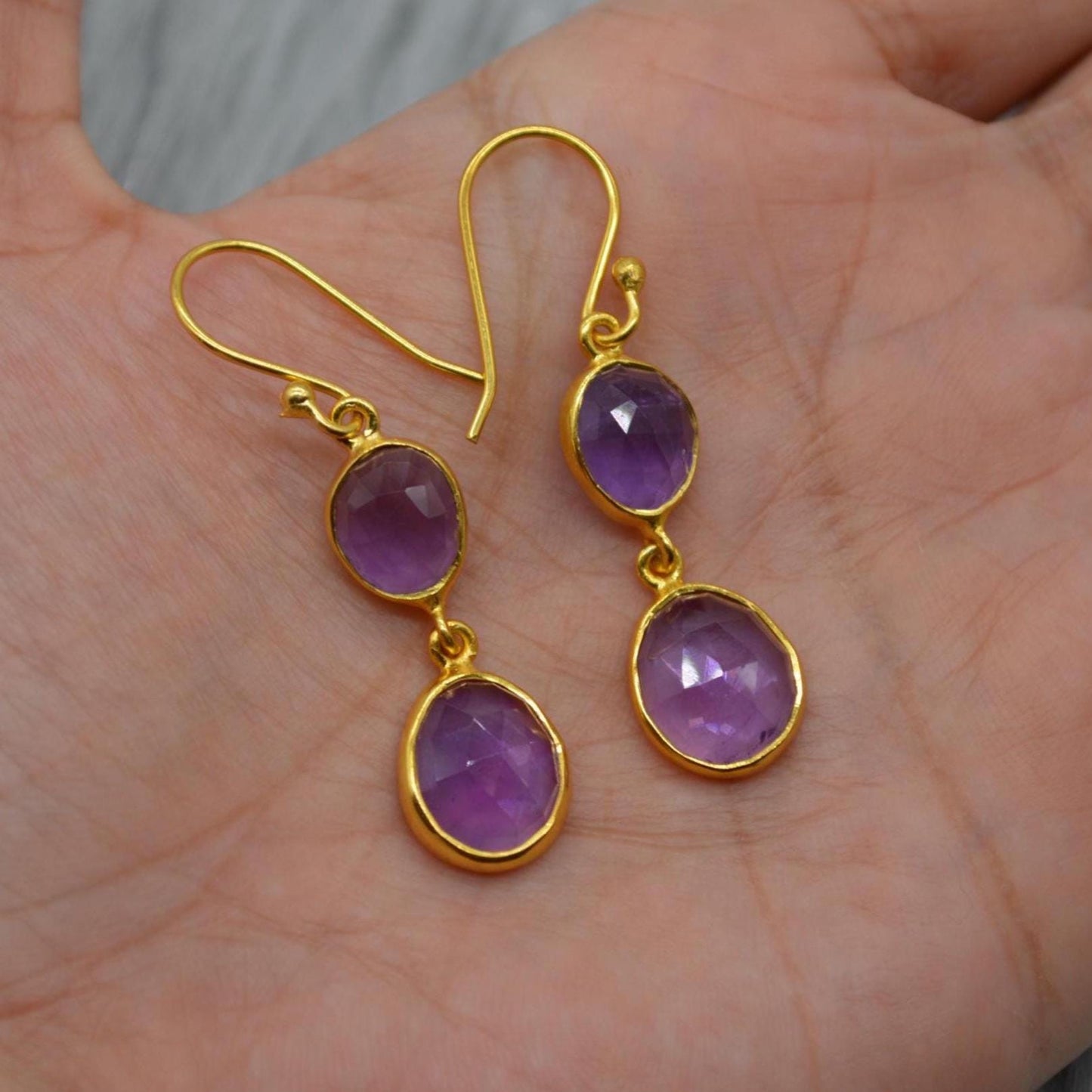 Purple Amethyst Gold Dangle Earrings: Sterling Silver, Oval Gemstone Drop, February Birthstone