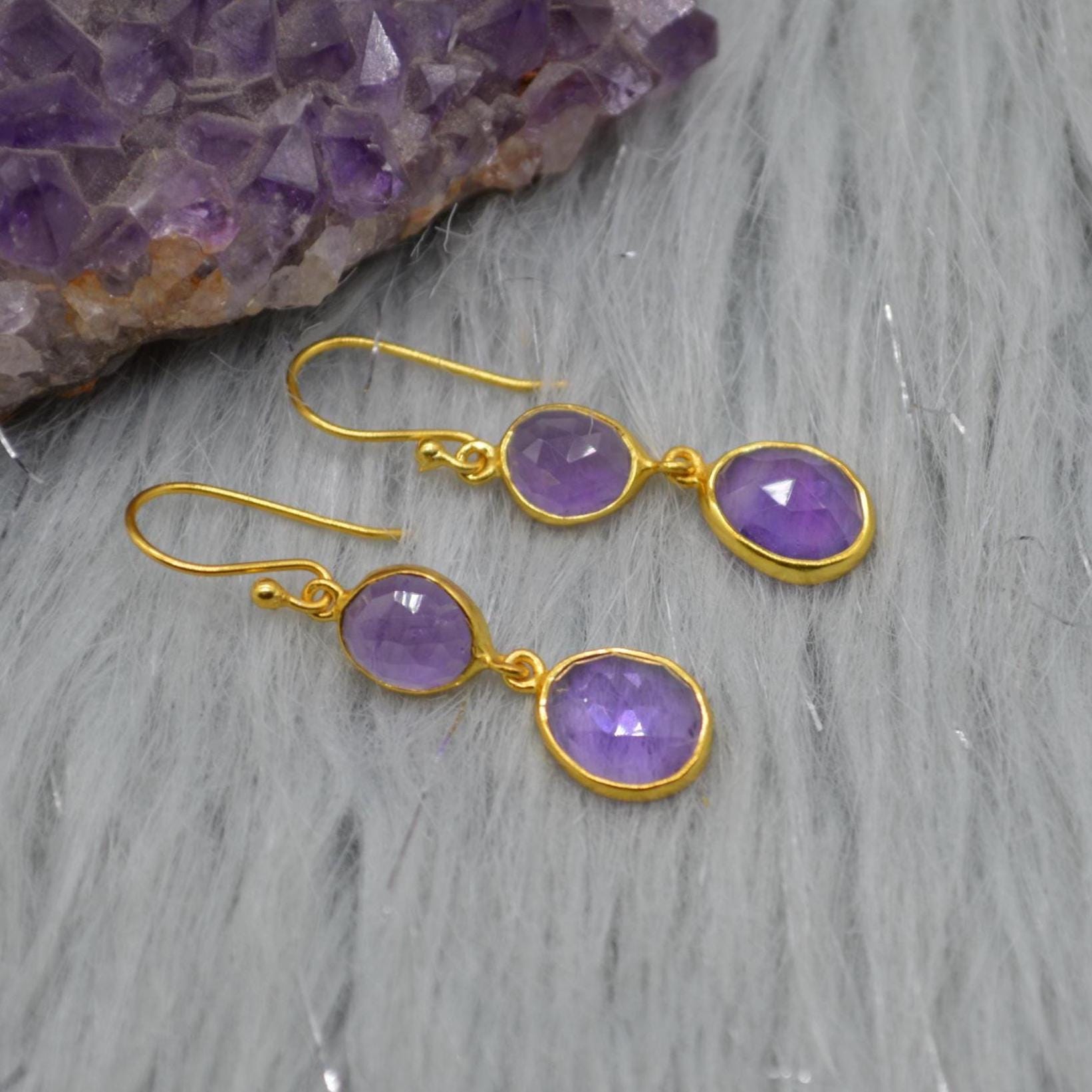 Purple Amethyst Gold Dangle Earrings: Sterling Silver, Oval Gemstone Drop, February Birthstone