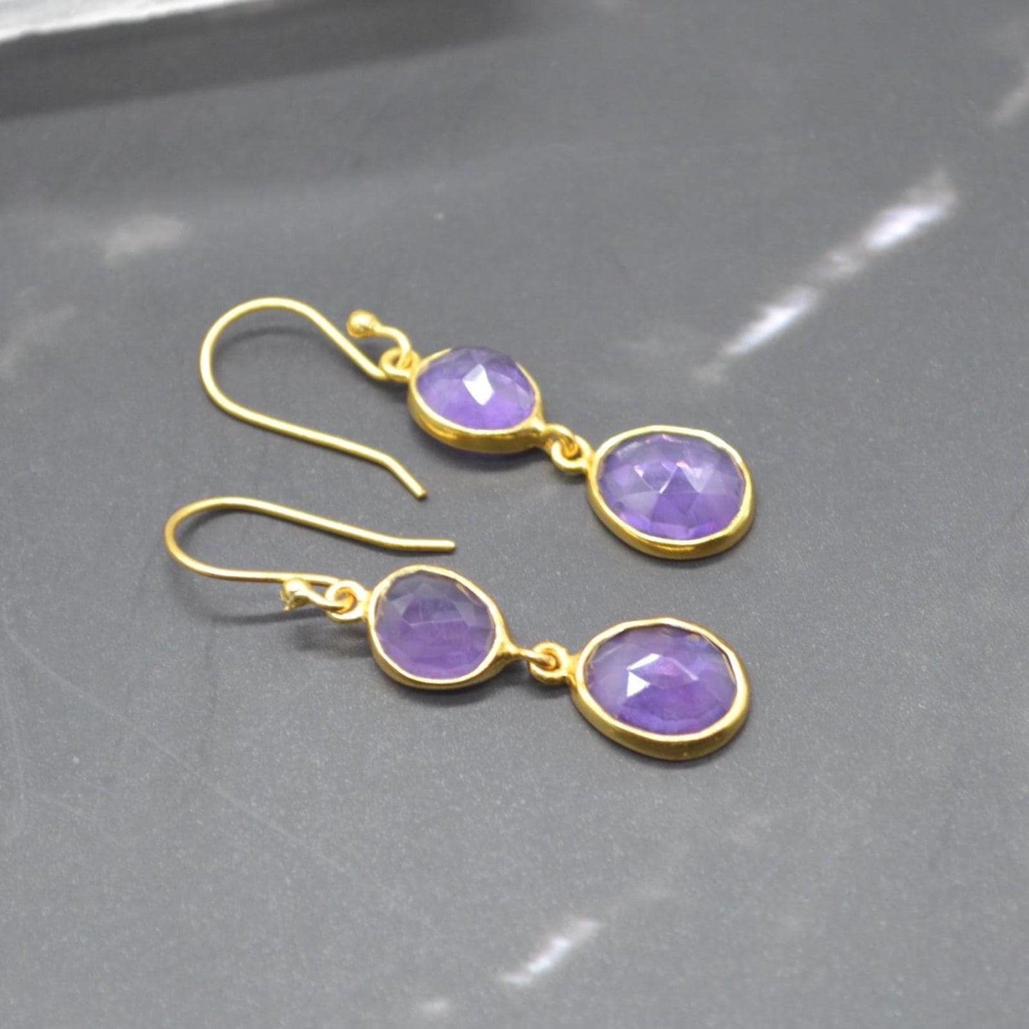 Purple Amethyst Gold Dangle Earrings: Sterling Silver, Oval Gemstone Drop, February Birthstone