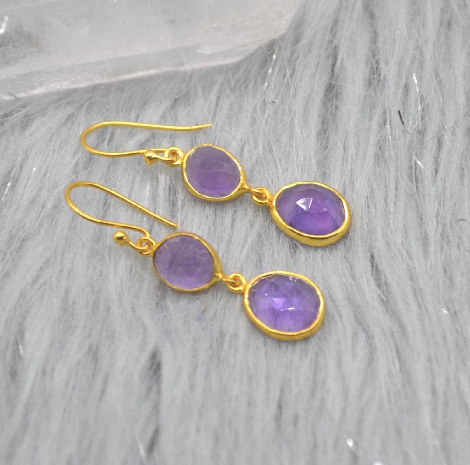 Purple Amethyst Gold Dangle Earrings: Sterling Silver, Oval Gemstone Drop, February Birthstone