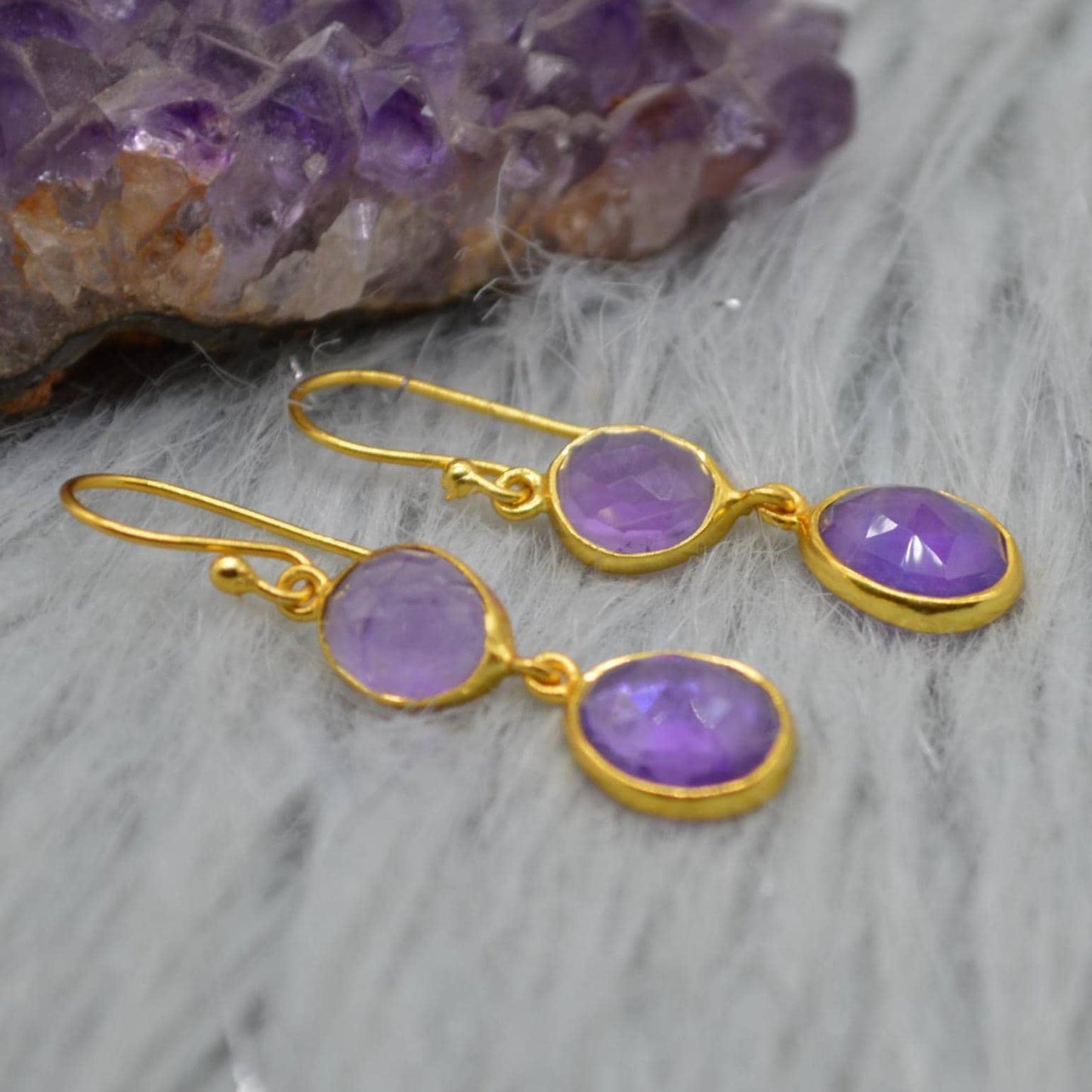 Purple Amethyst Gold Dangle Earrings: Sterling Silver, Oval Gemstone Drop, February Birthstone