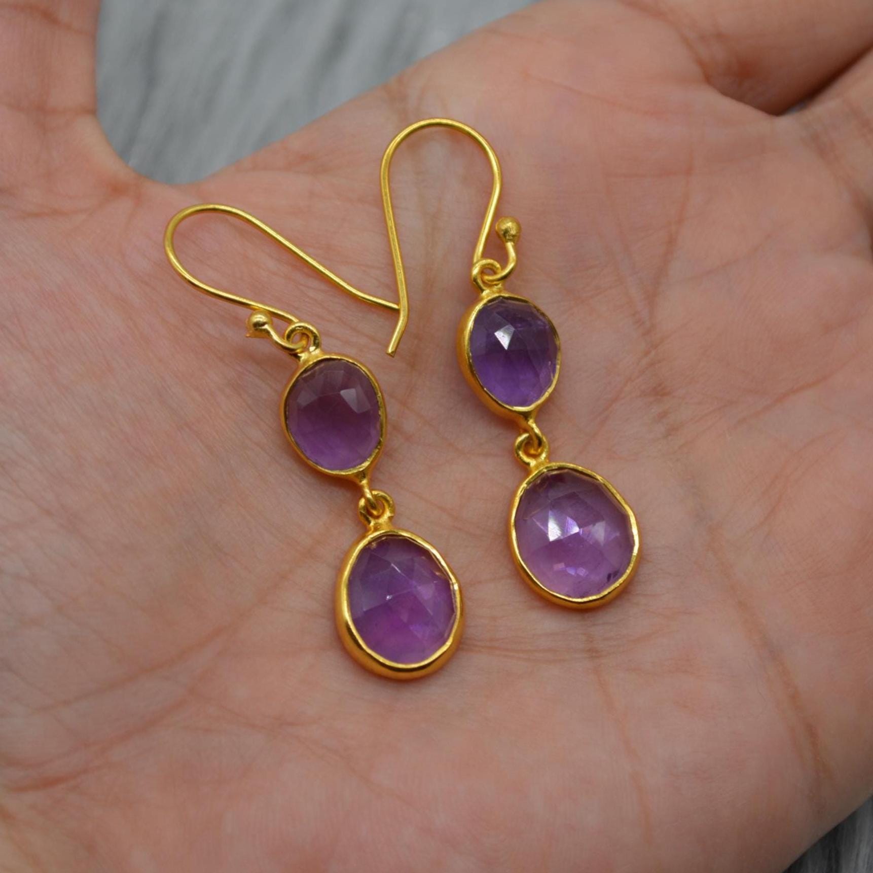 Purple Amethyst Gold Dangle Earrings: Sterling Silver, Oval Gemstone Drop, February Birthstone