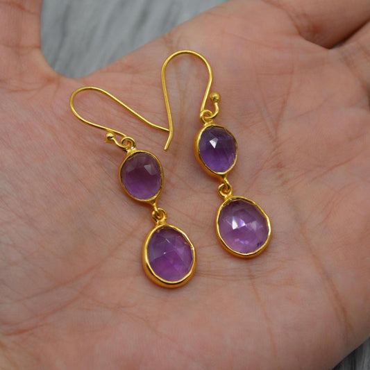 Purple Amethyst Gold Dangle Earrings: Sterling Silver, Oval Gemstone Drop, February Birthstone