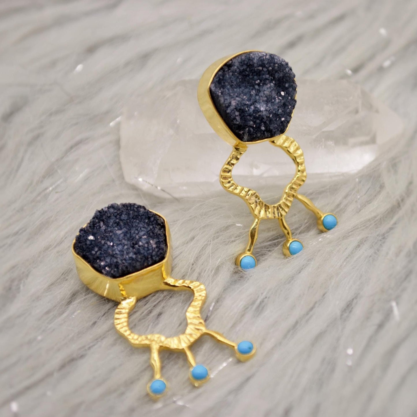 Black Druzy Agate Turquoise Silver Earrings: December Birthstone Jewelry