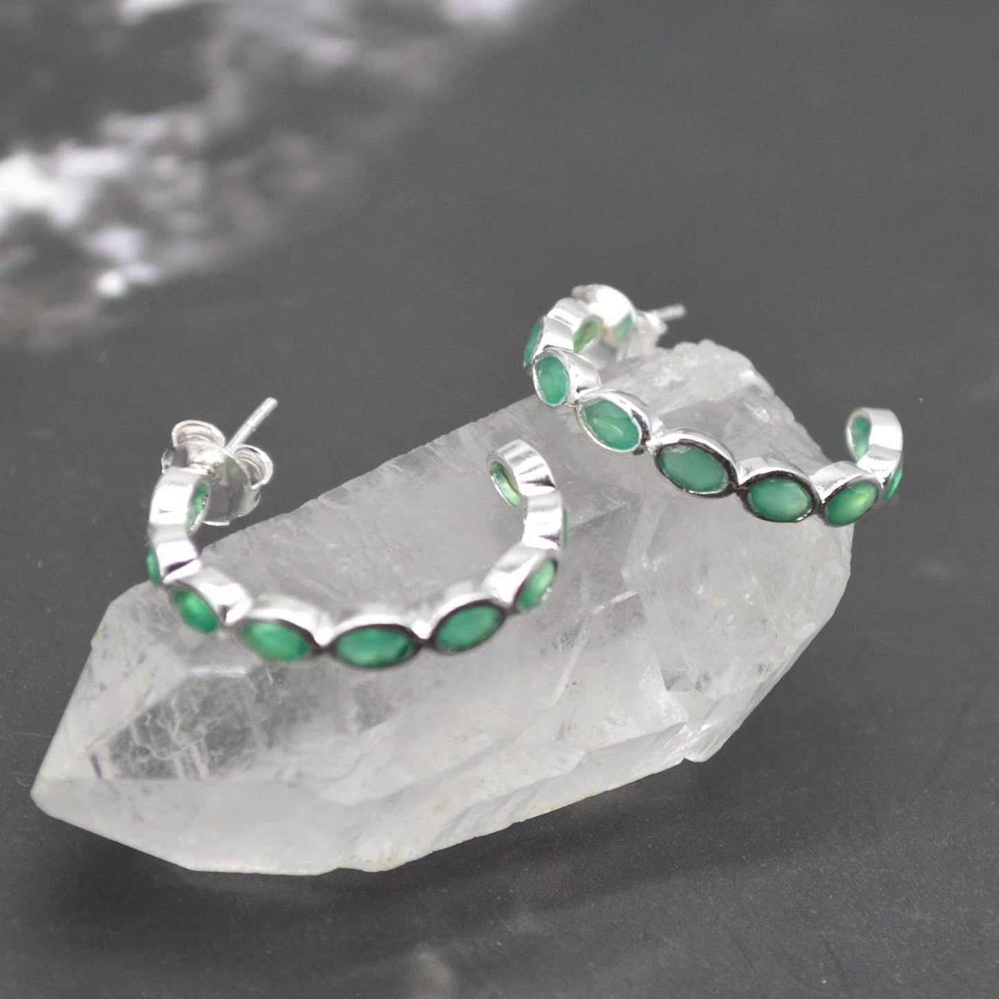 Green Onyx Hoop Earrings: Sterling Silver
