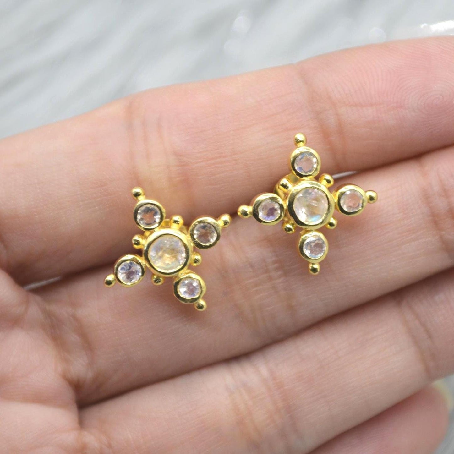 Rainbow Moonstone Gold Stud Earrings: Sterling Silver
