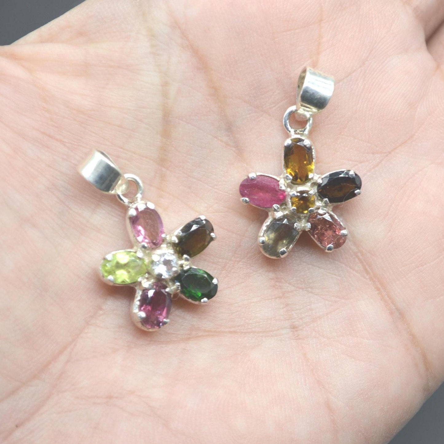 Tourmaline Silver Pendant Necklace: Pink, Green, Yellow Gemstone, October Birthstone