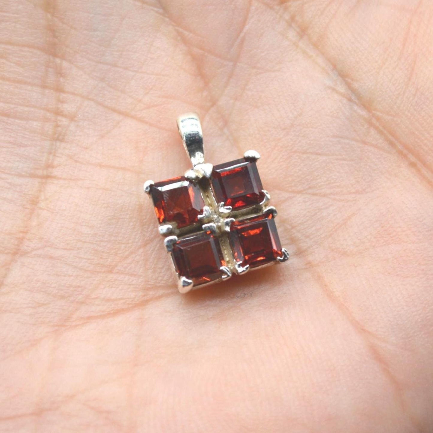 Red Garnet Square Pendant Necklace: Sterling Silver