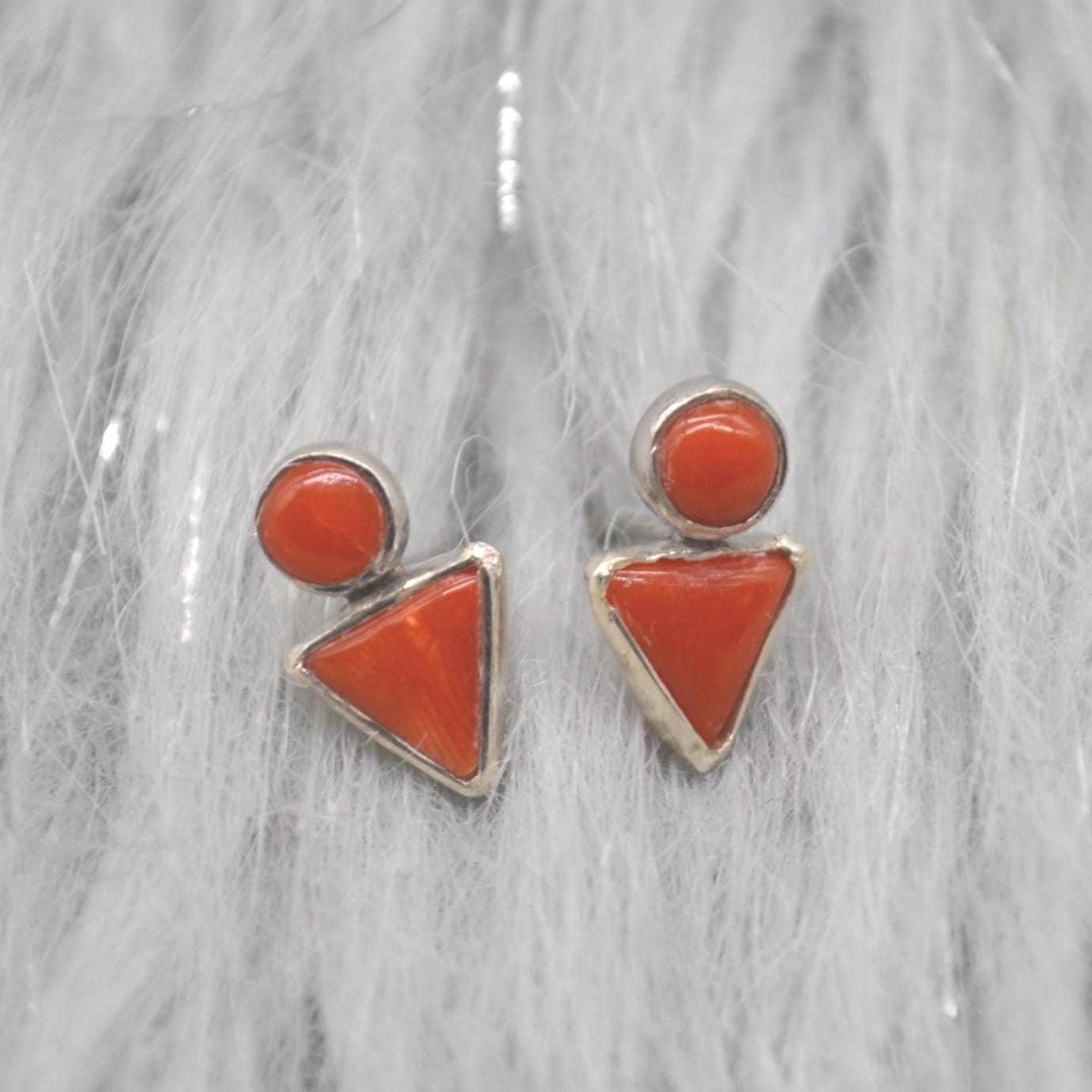 Red Coral Silver Stud Earrings: Dainty Gemstone Jewelry, Minimalist Sterling Silver Drop