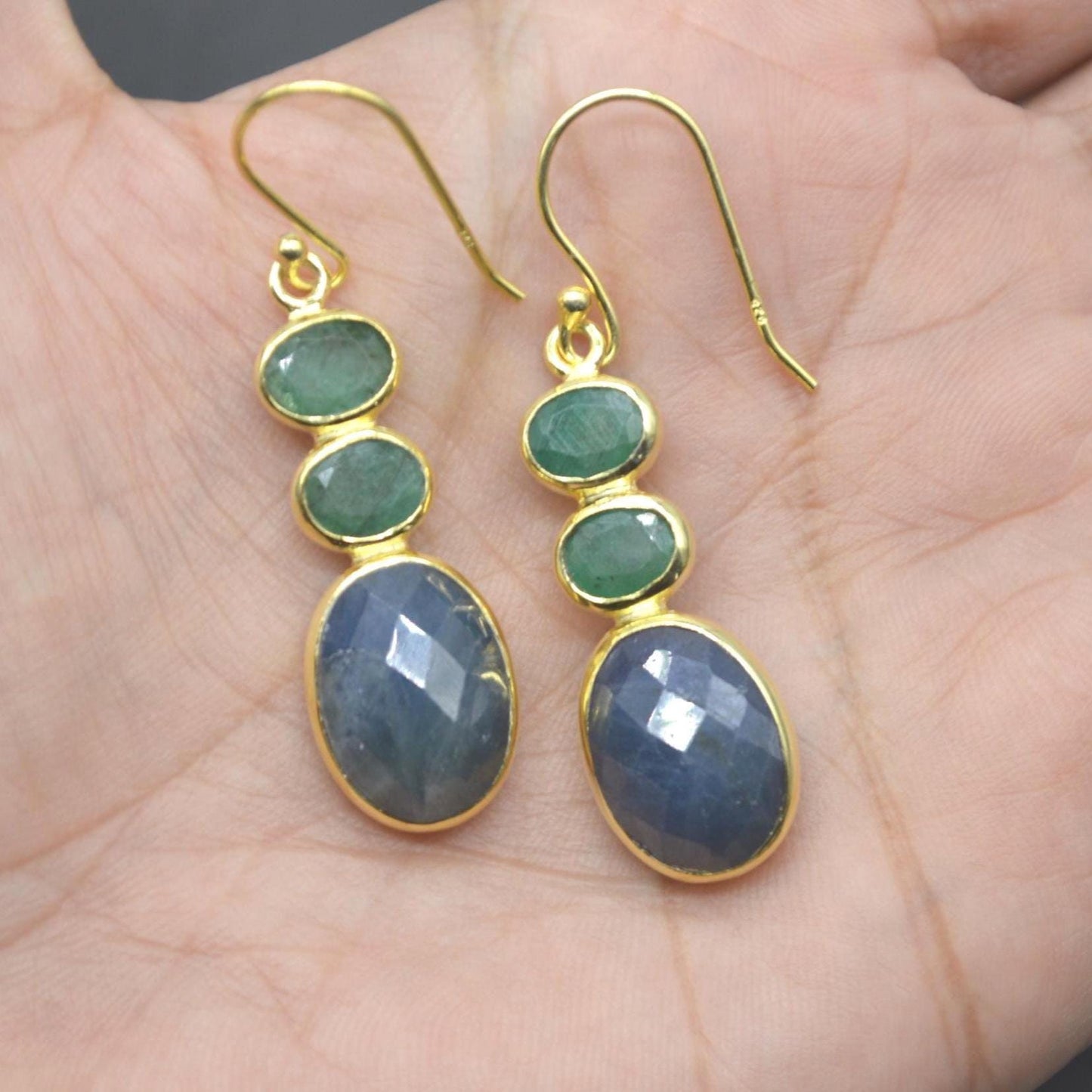 Sapphire Emerald Gold Earrings: Sterling Silver Dangle Drop, May September Birthstone