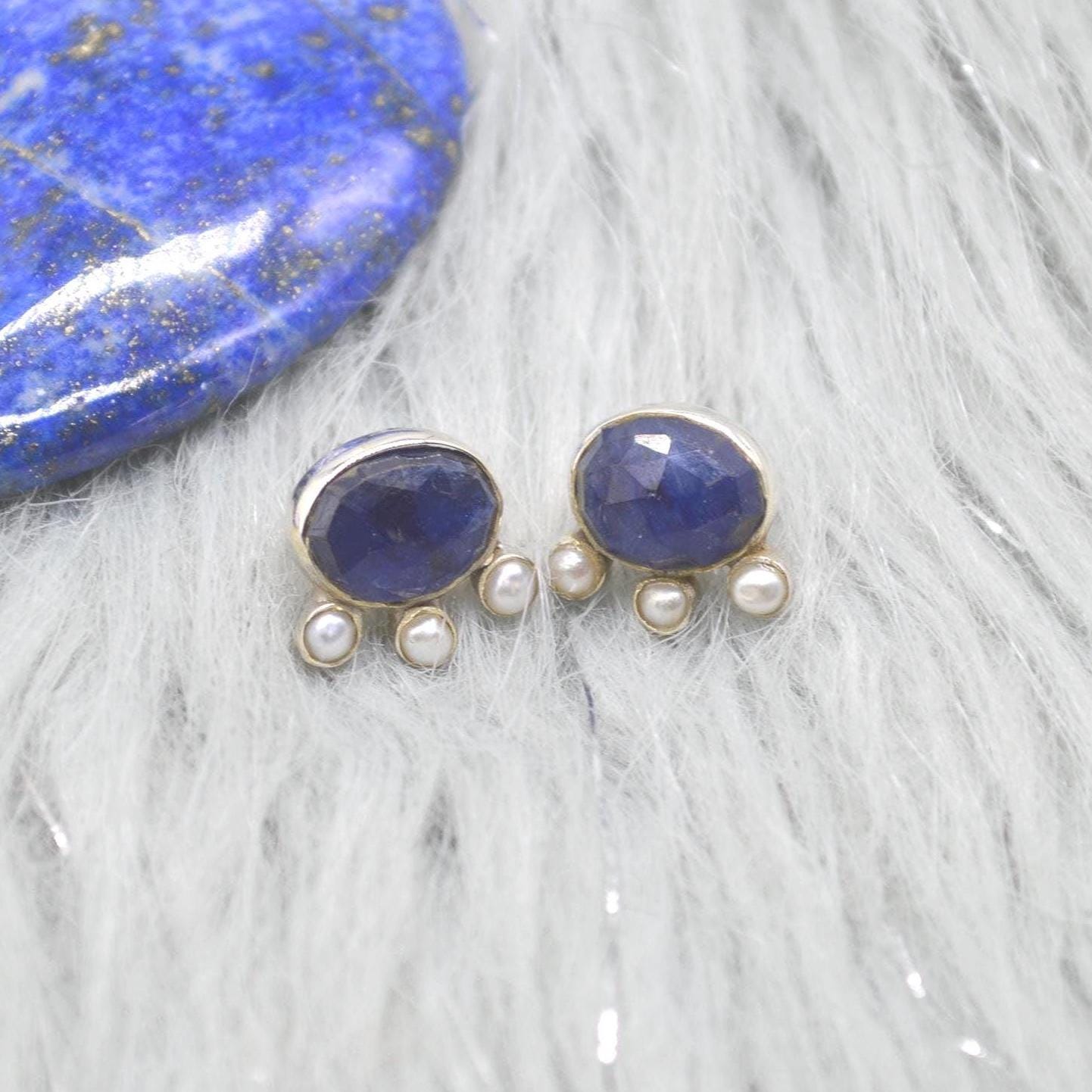 Blue Sapphire Pearl Stud Earrings: Sterling Silver Gemstone Jewelry, September June Birthstone
